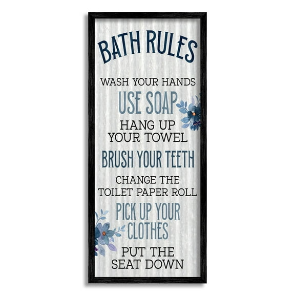 Stupell Industries Bathroom Rules Striped Floral List Graphic Art Black Framed Art Print Wall Art, Design by Kim Allen