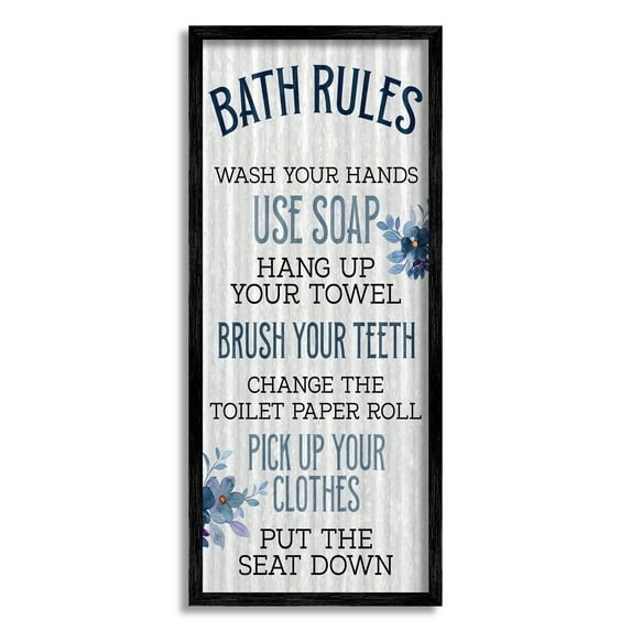Stupell Industries Bathroom Rules Striped Floral List Graphic Art Black Framed Art Print Wall Art, Design by Kim Allen