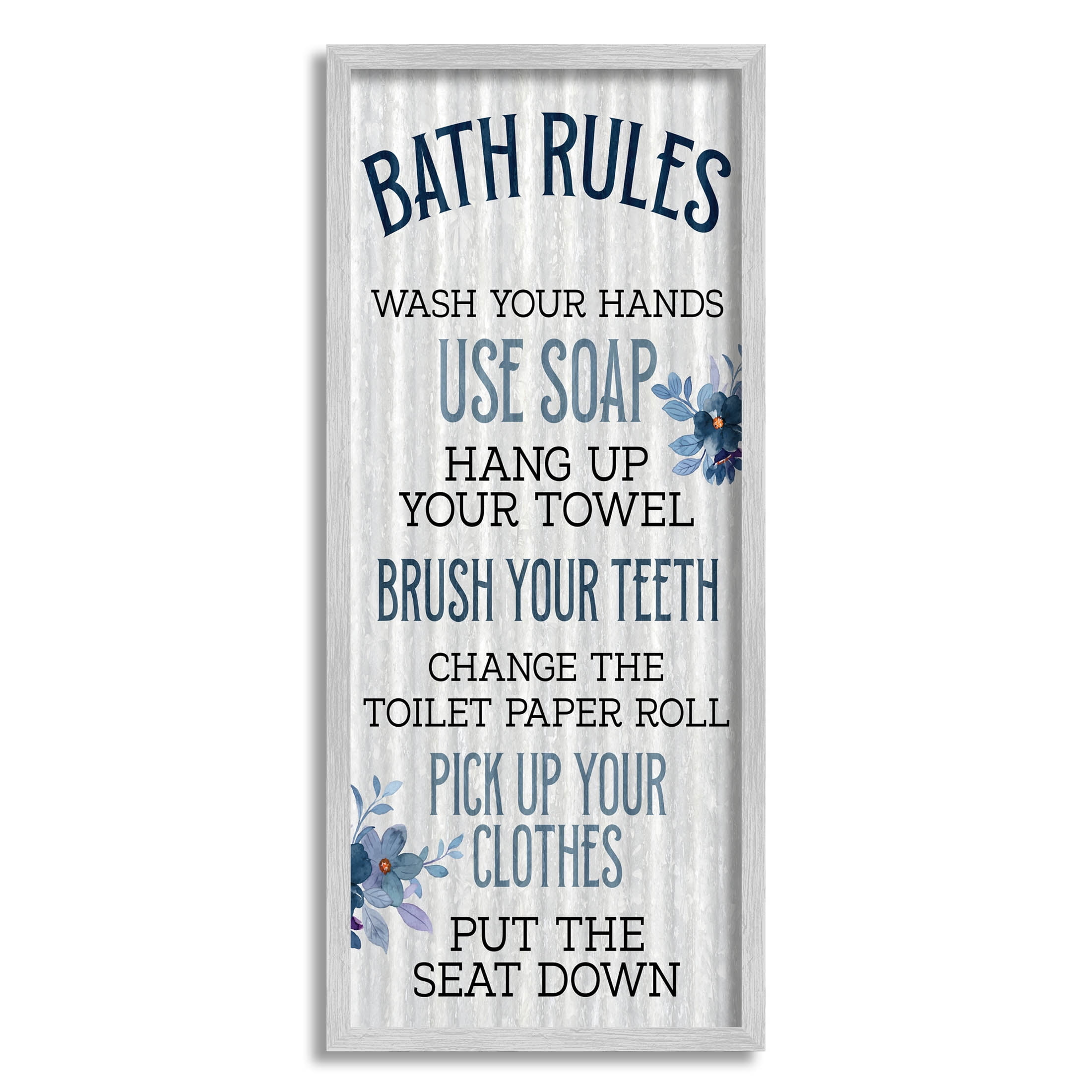 Stupell Industries Bathroom Rules Striped Floral List Graphic Art Gray Framed Art Print Wall Art, Design by Kim Allen