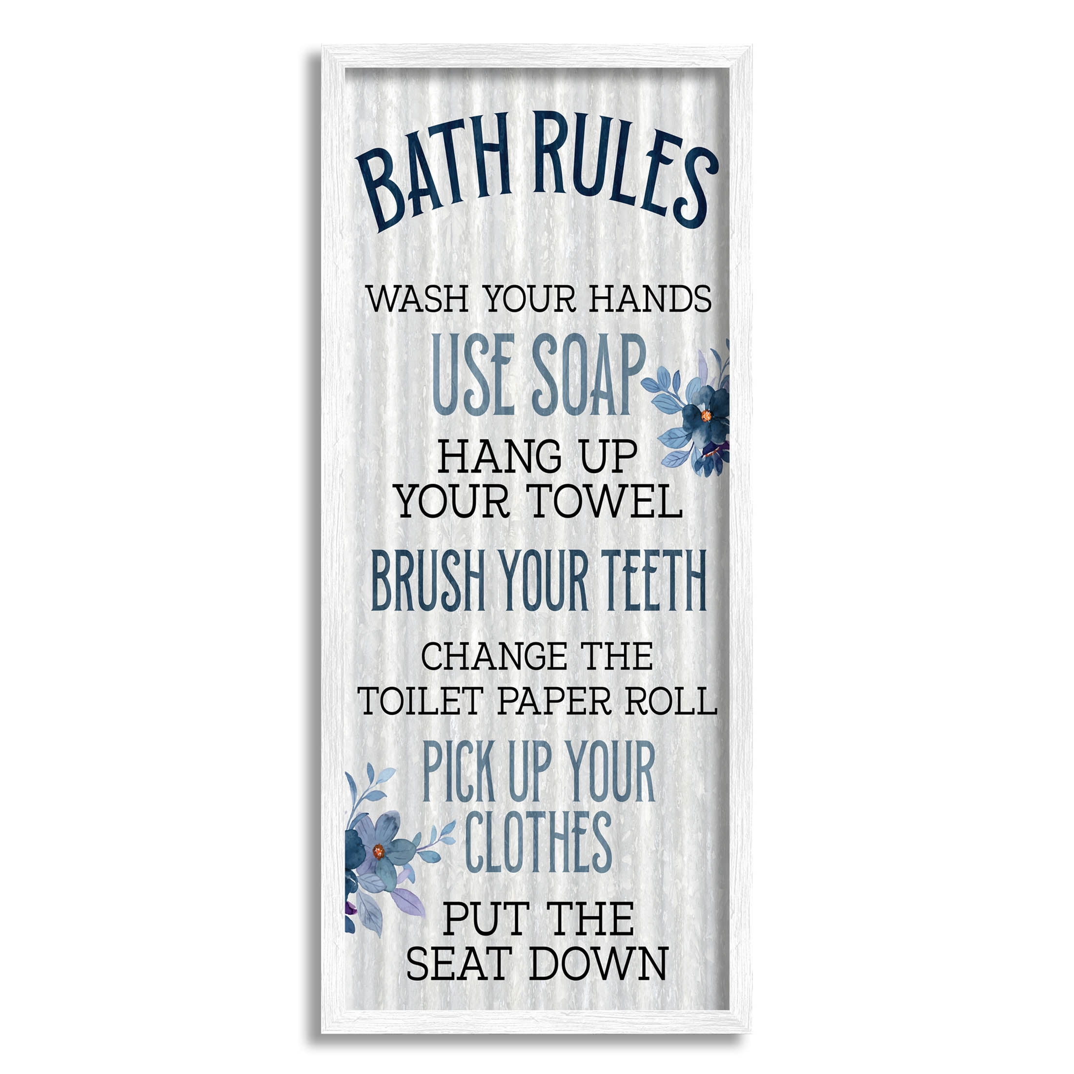 Stupell Industries Bathroom Rules Striped Floral List Graphic Art White Framed Art Print Wall Art, Design by Kim Allen