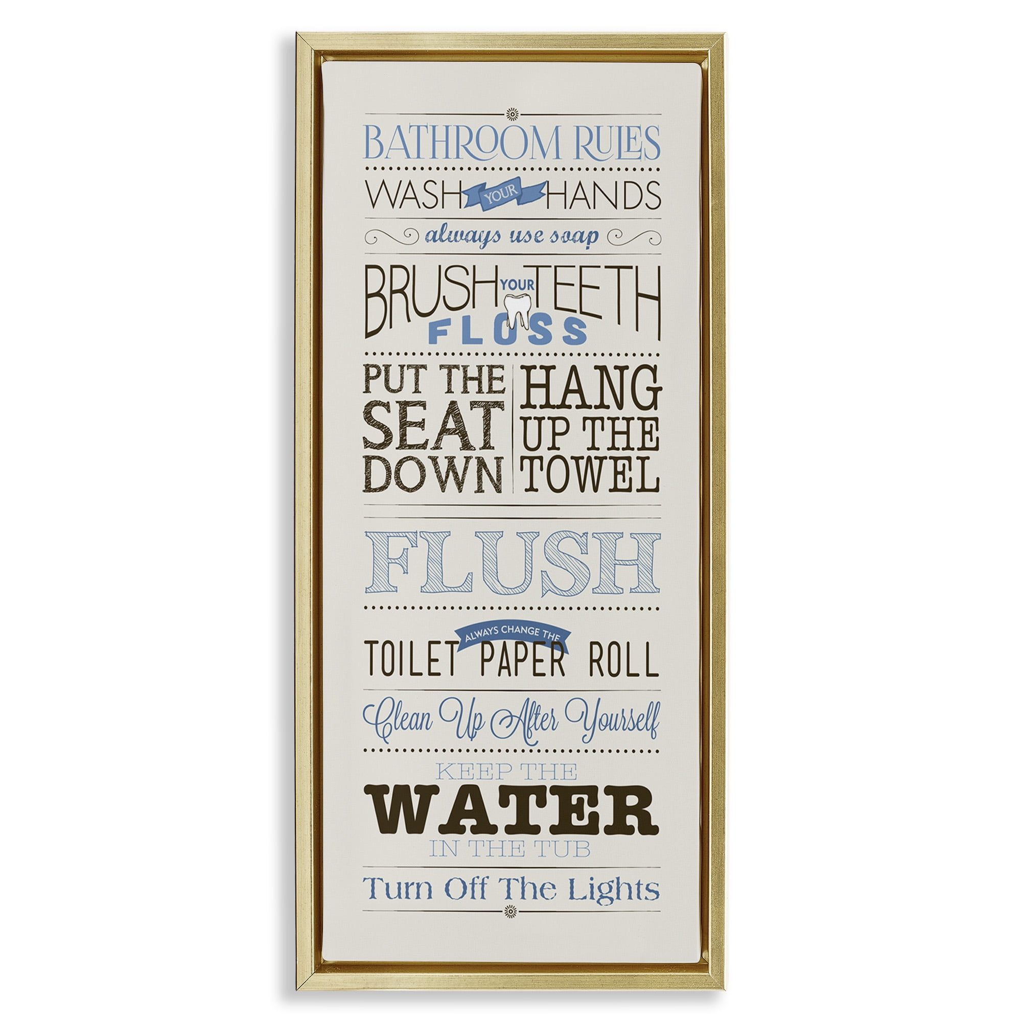 Stupell Industries Bathroom Rules Vintage List Abstract Painting Gold Floater Framed Canvas Art Print Wall Art, 11 x 25