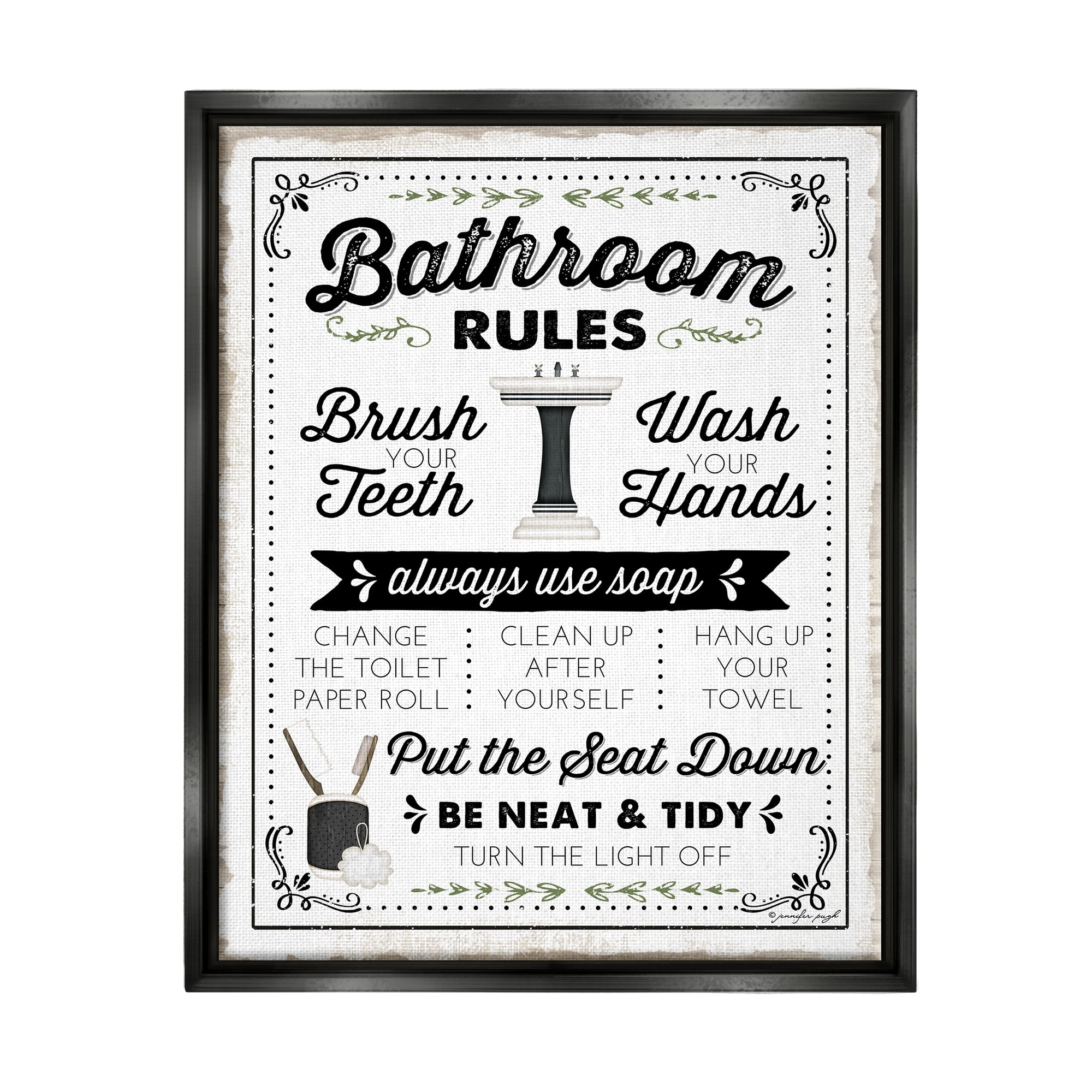 Stupell Industries Bathroom Rules Vintage List Typography Painting Black Floater Framed Art Print Wall Art