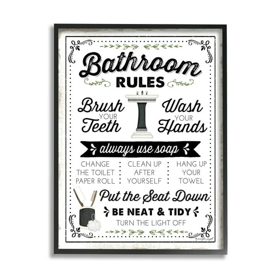 Stupell Industries Bathroom Rules Vintage List Typography Painting Black Framed Art Print Wall Art