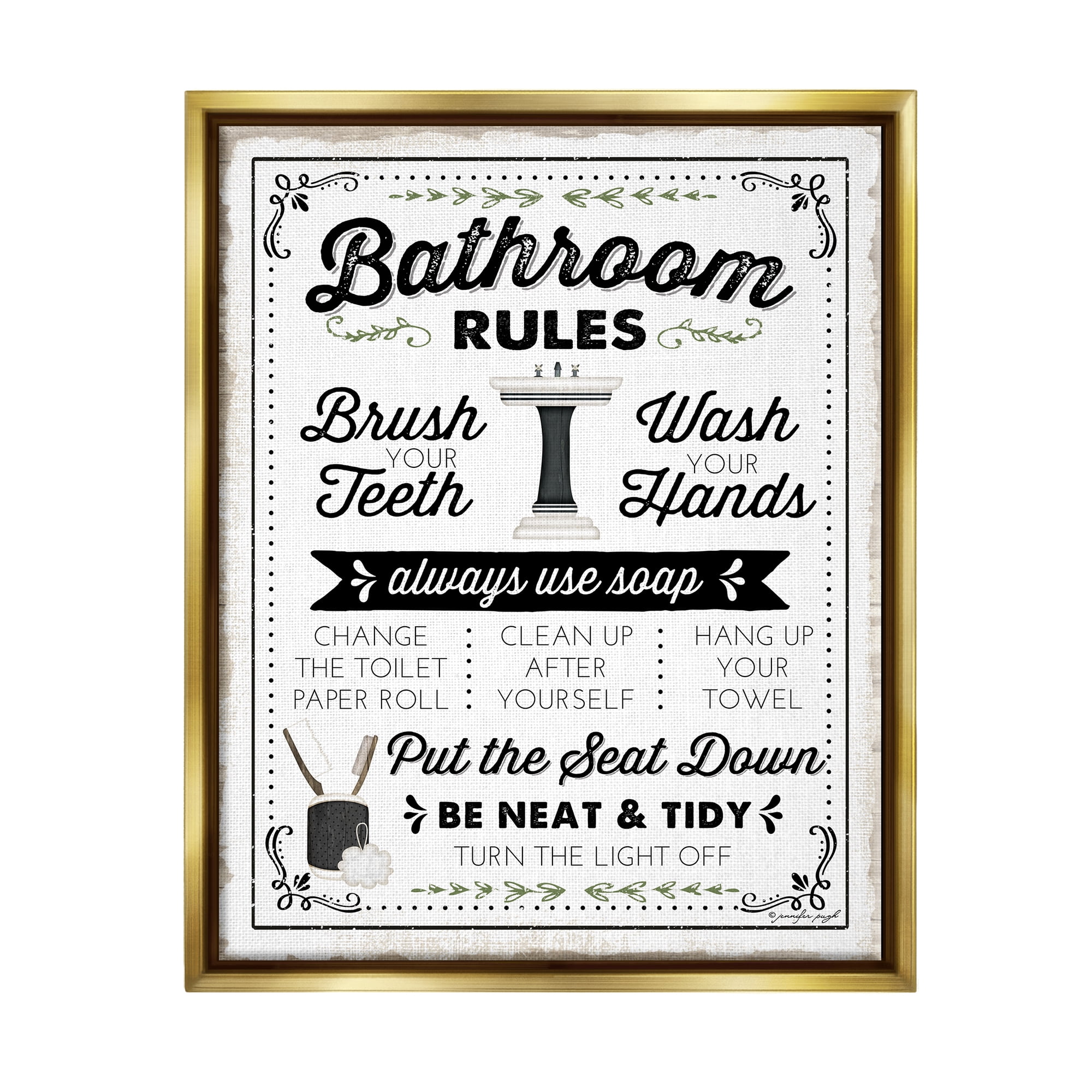 Stupell Industries Bathroom Rules Vintage List Typography Painting Gold Floater Framed Art Print Wall Art