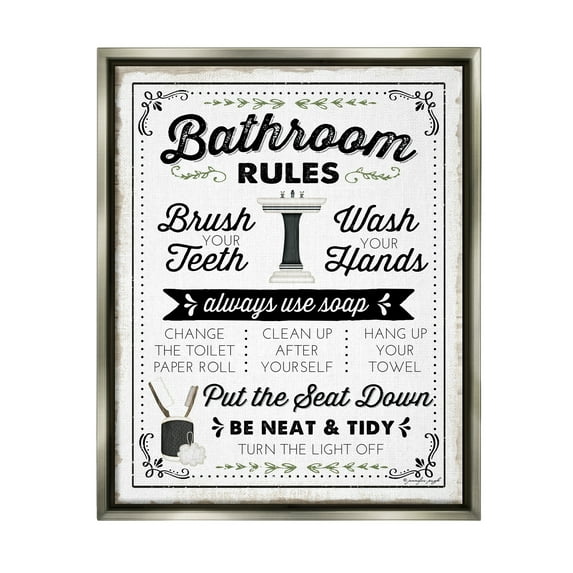 Stupell Industries Bathroom Rules Vintage List Typography Painting Gray Floater Framed Art Print Wall Art