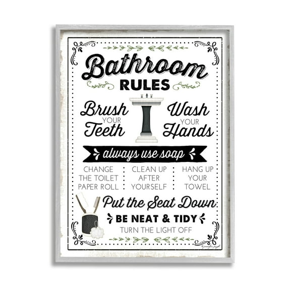 Stupell Industries Bathroom Rules Vintage List Typography Painting Gray Framed Art Print Wall Art