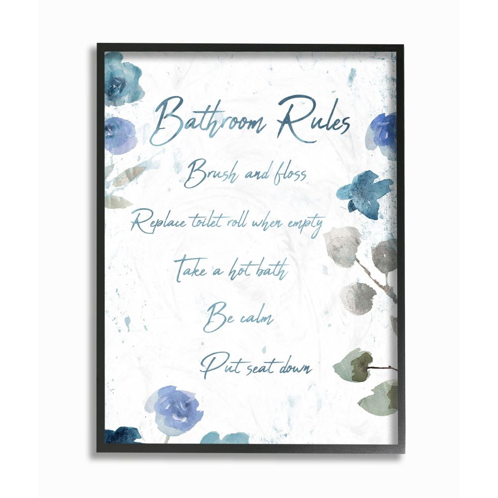 Stupell Industries Bathroom Rules Watercolor Flower Word Design Black Framed Art Print Wall Art, 16x20, by Milli Villa