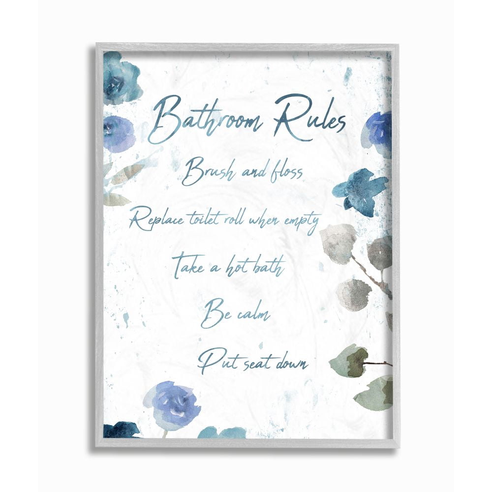 Stupell Industries Bathroom Rules Watercolor Flower Word Design Gray Framed Art Print Wall Art, 16x20, by Milli Villa