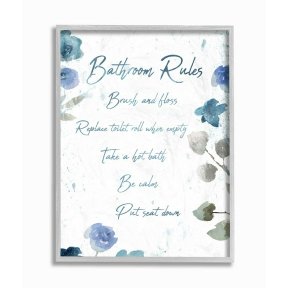 Stupell Industries Bathroom Rules Watercolor Flower Word Design Gray Framed Art Print Wall Art, 16x20, by Milli Villa