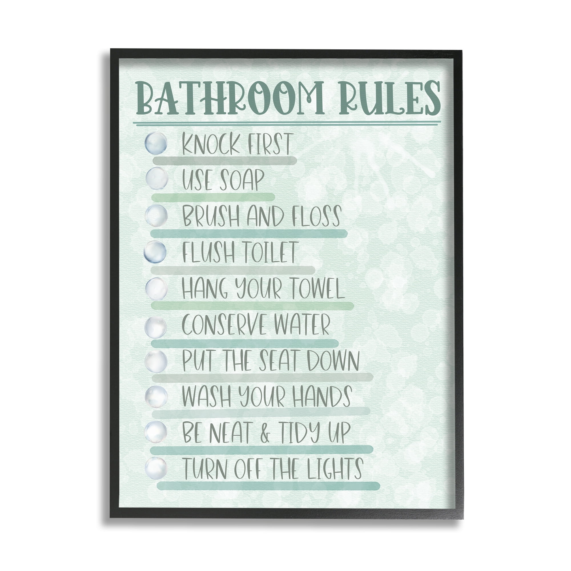 Stupell Industries Bathroom Rules on Green Typography Painting Black Framed Art Print Wall Art, 11 x 14
