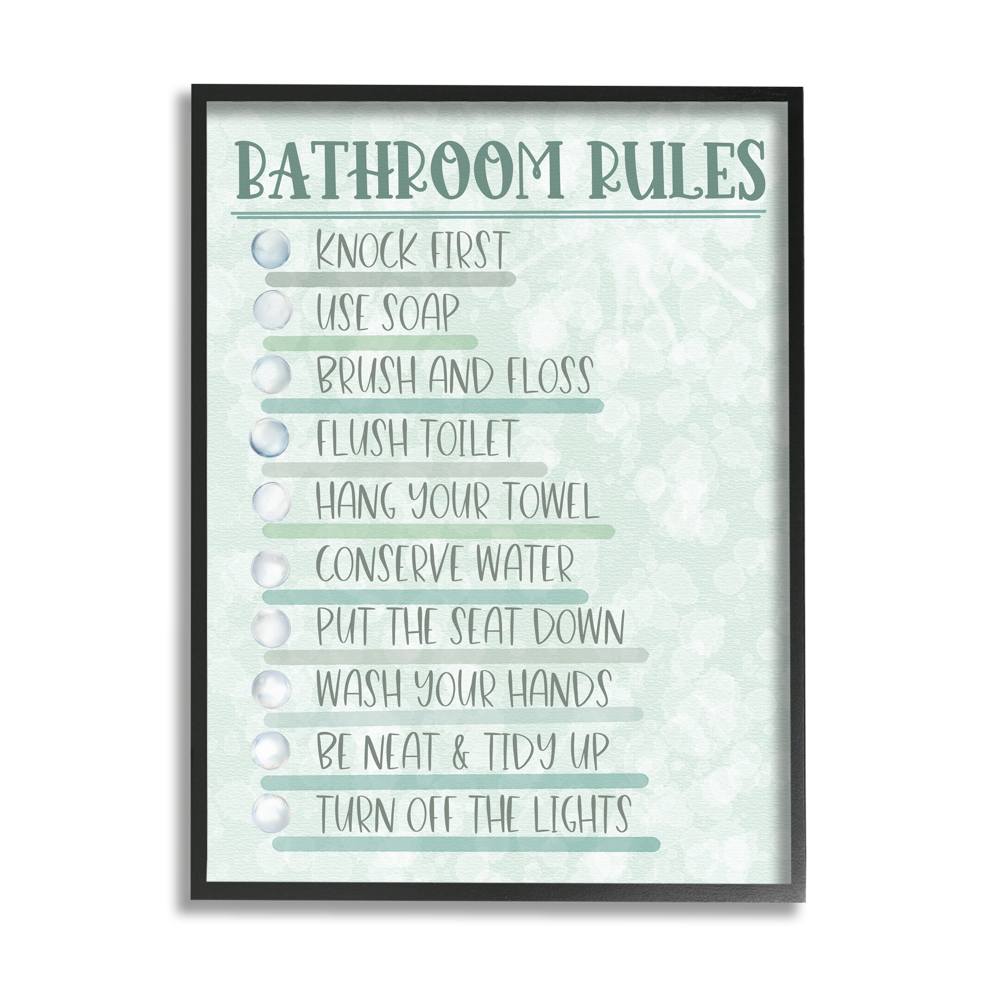 Stupell Industries Bathroom Rules on Green Typography Painting Black Framed Art Print Wall Art, 24 x 30