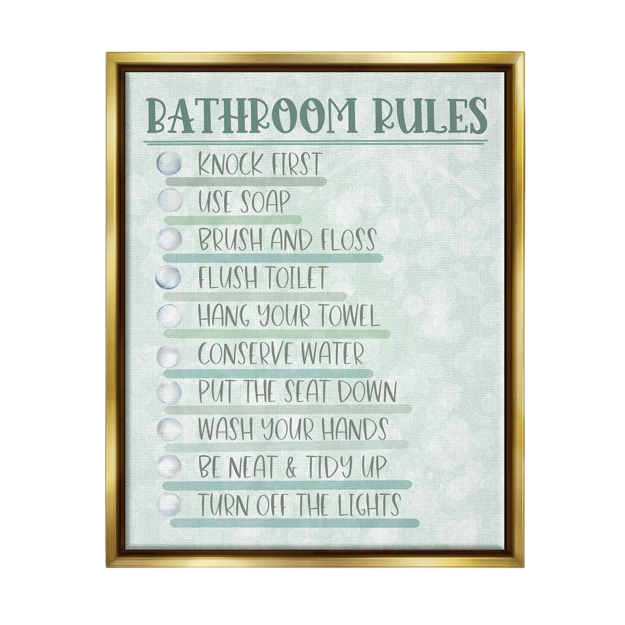 Stupell Industries Bathroom Rules on Green Typography Painting Gold Floater Framed Canvas Art Print Wall Art, 25 x 31