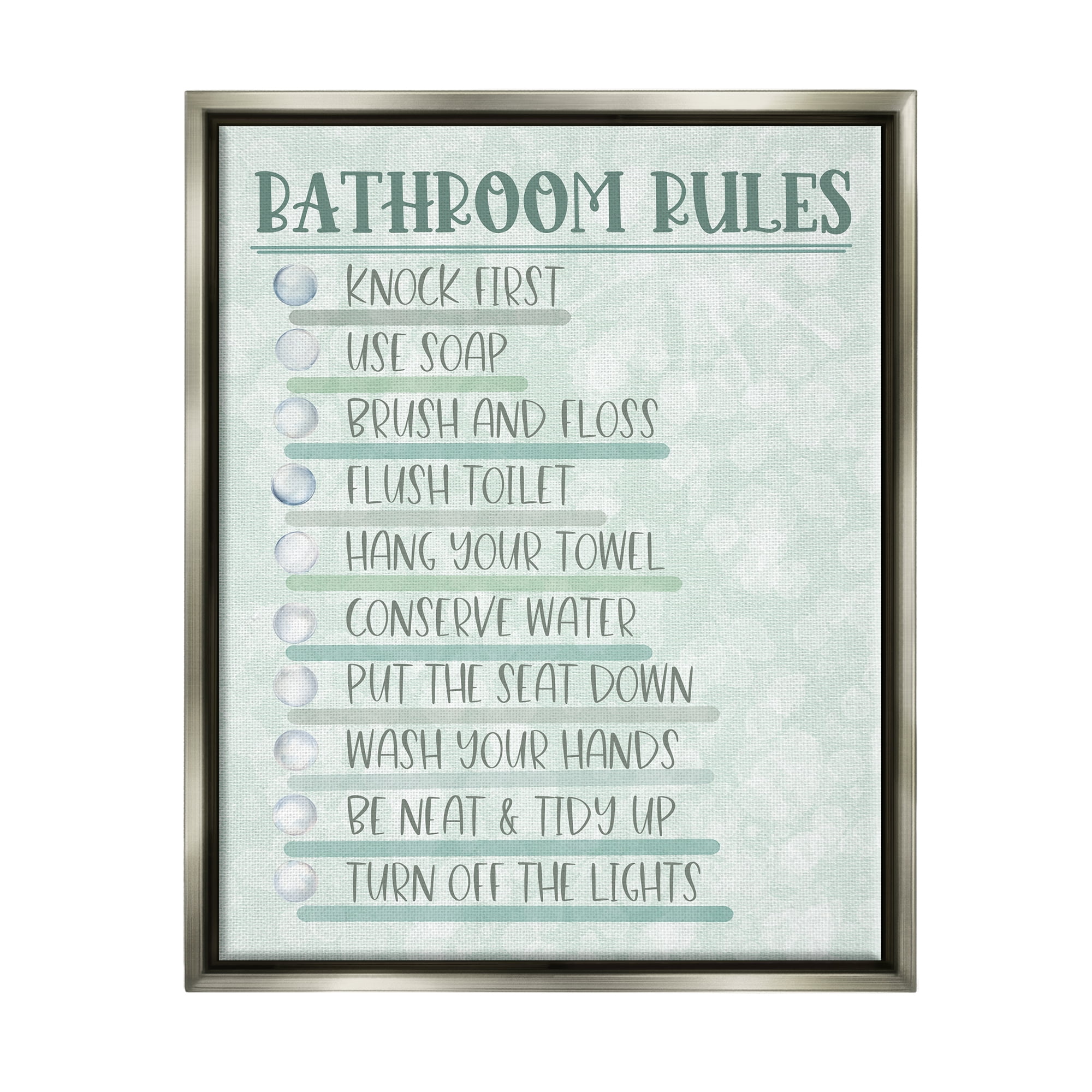 Stupell Industries Bathroom Rules on Green Typography Painting Gray Floater Framed Canvas Art Print Wall Art, 25 x 31