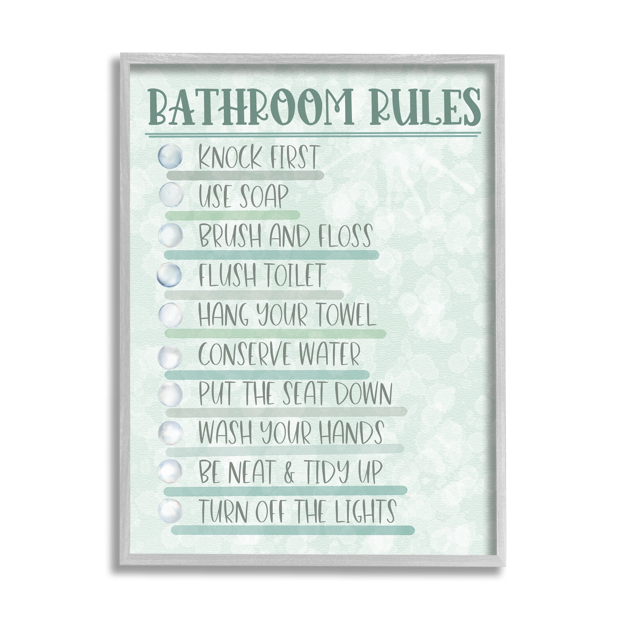Stupell Industries Bathroom Rules on Green Typography Painting Gray Framed Art Print Wall Art, 16 x 20