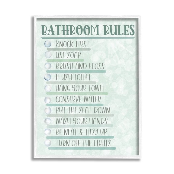 Stupell Industries Bathroom Rules on Green Typography Painting White Framed Art Print Wall Art, 11 x 14