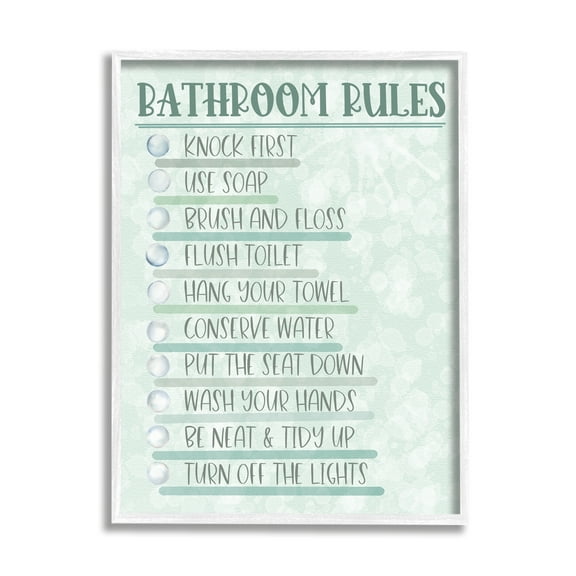 Stupell Industries Bathroom Rules on Green Typography Painting White Framed Art Print Wall Art, 24 x 30