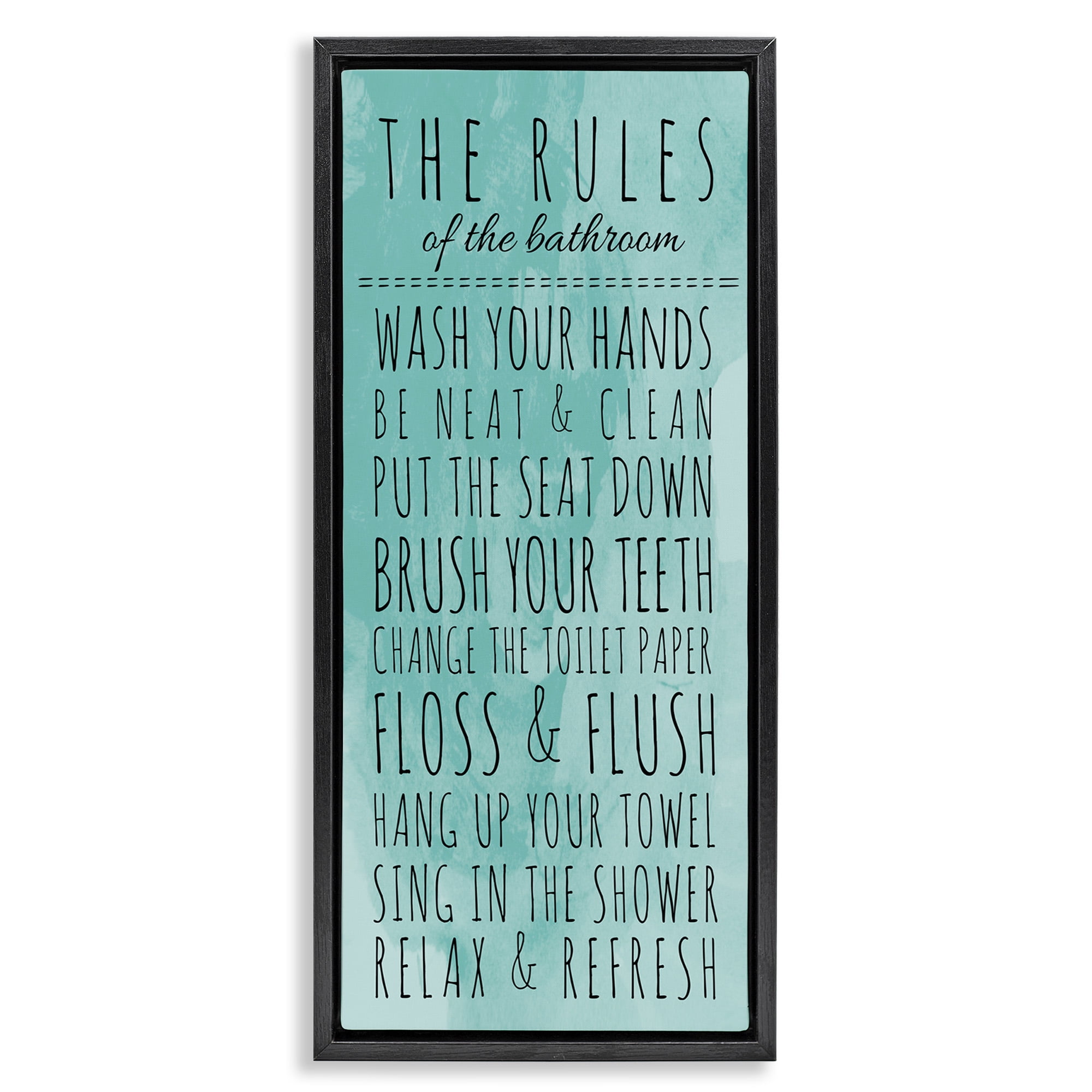 Stupell Industries Bathroom Rules on Turquoise Typography Painting Black Floater Framed Canvas Art Print Wall Art, 11 x 25