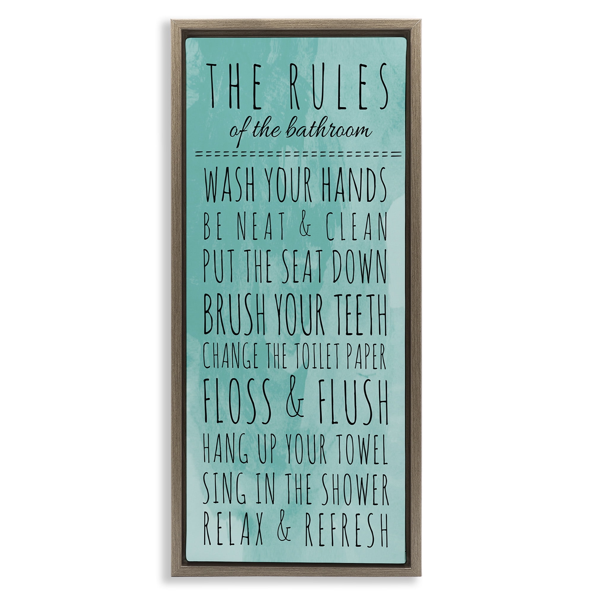 Stupell Industries Bathroom Rules on Turquoise Typography Painting Brown Floater Framed Canvas Art Print Wall Art, 15 x 31