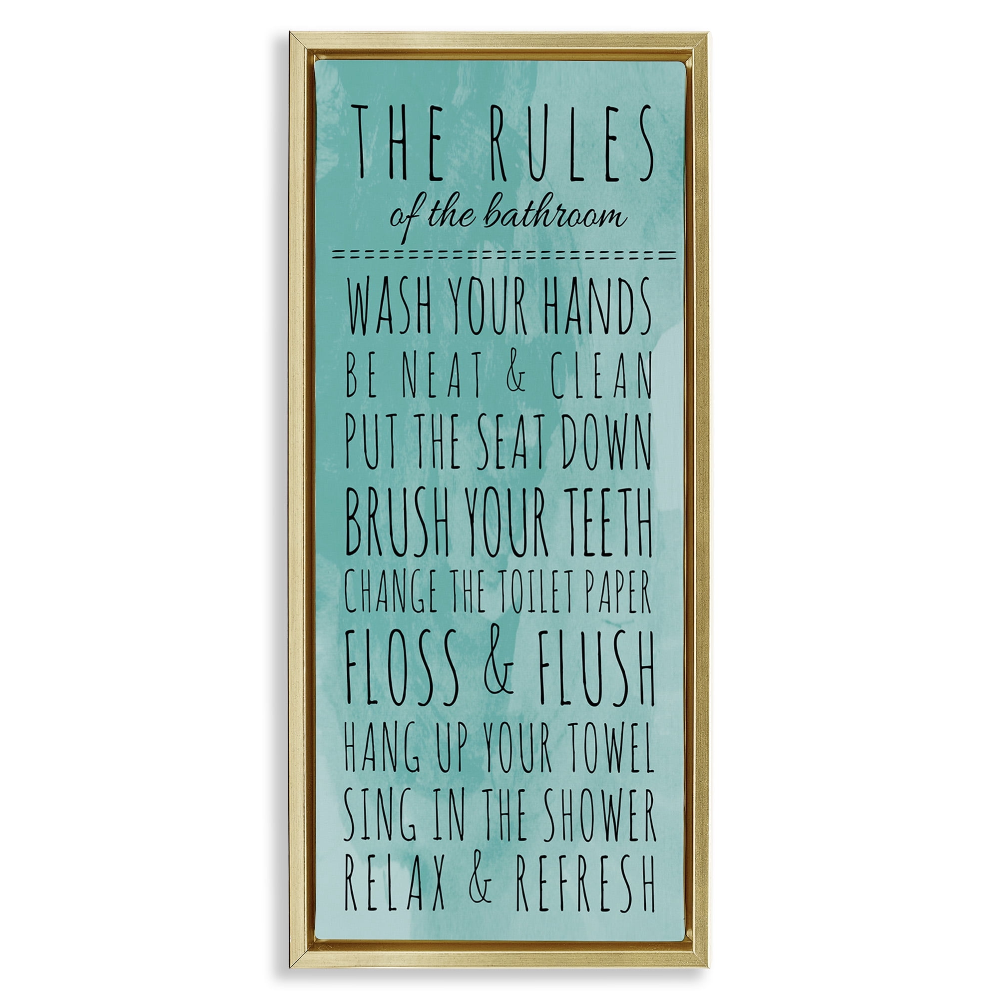Stupell Industries Bathroom Rules on Turquoise Typography Painting Gold Floater Framed Canvas Art Print Wall Art, 15 x 31