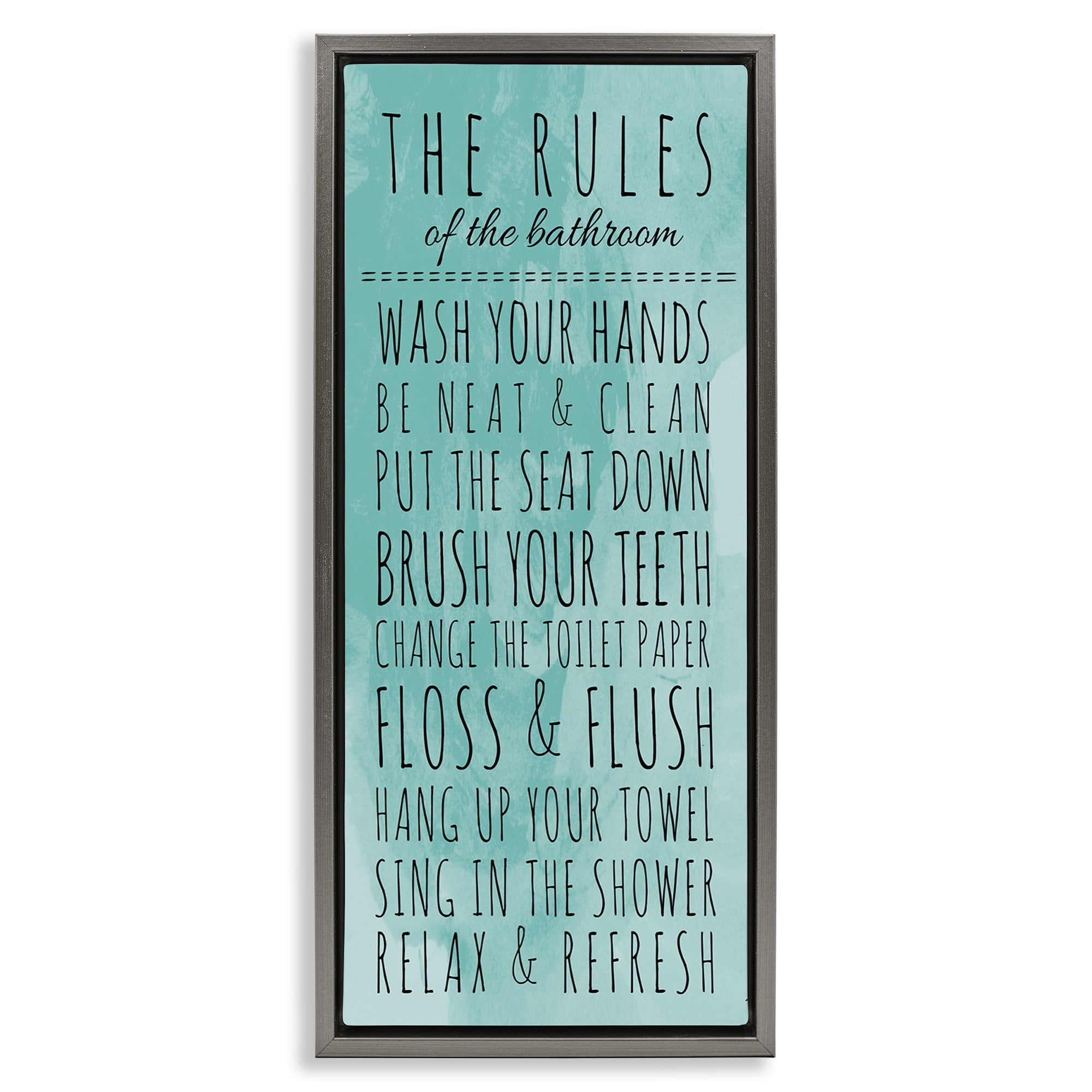 Stupell Industries Bathroom Rules on Turquoise Typography Painting Gray Floater Framed Canvas Art Print Wall Art, 15 x 31