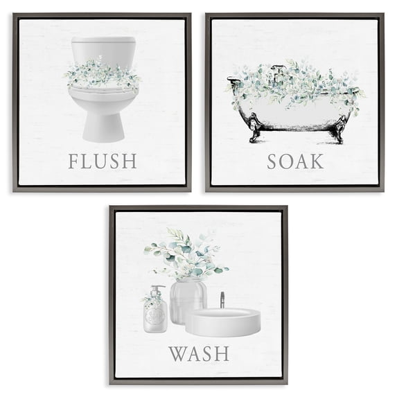 Stupell Industries Bathroom Rules with Eucalyptus Floral Painting Gray Floater Framed Canvas Art Print Wall Art, 25 x 25, Set of 3