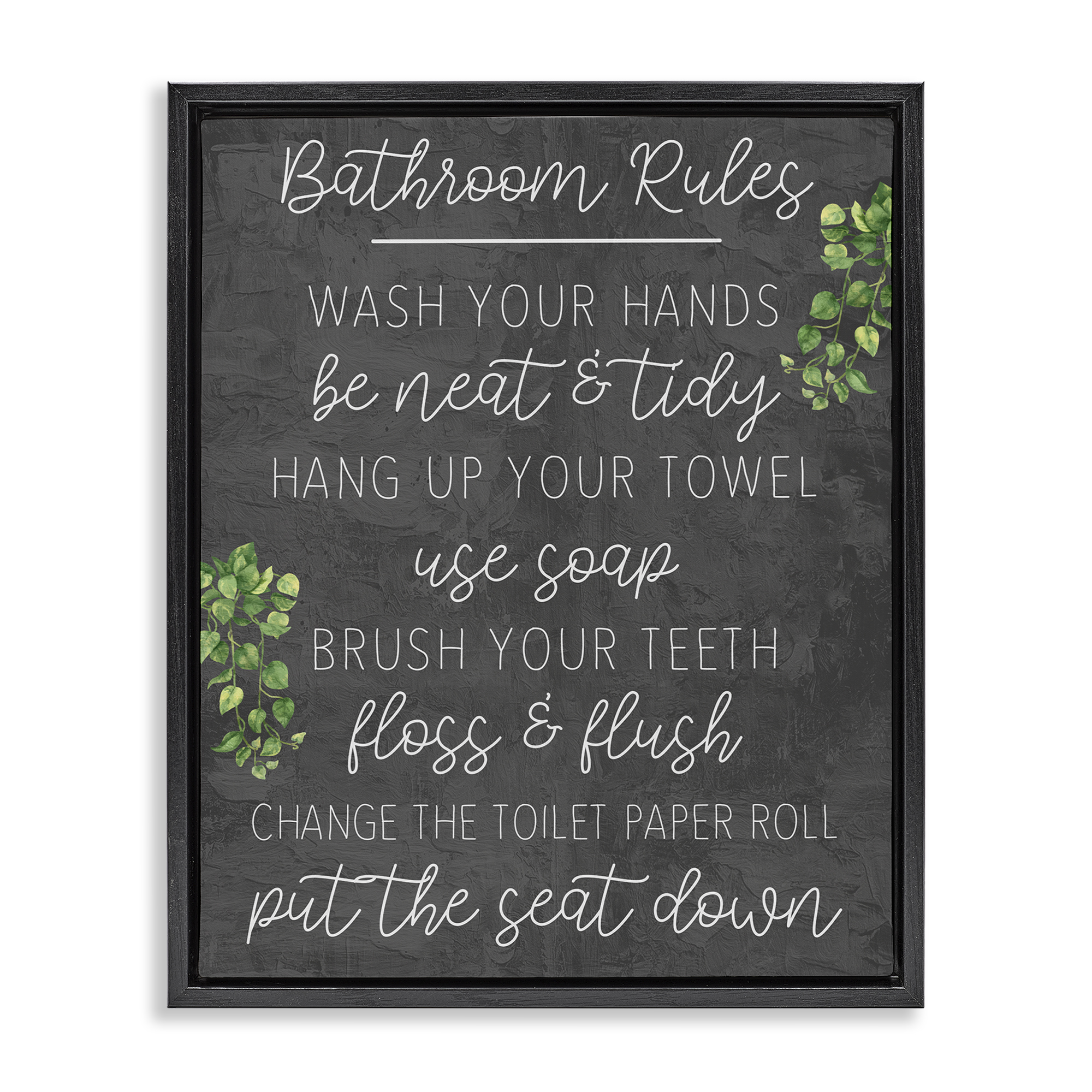 Stupell Industries Bathroom Rules with Greenery Bath & Laundry Painting Black Floater Framed Canvas Art Print Wall Art, 25 x 31