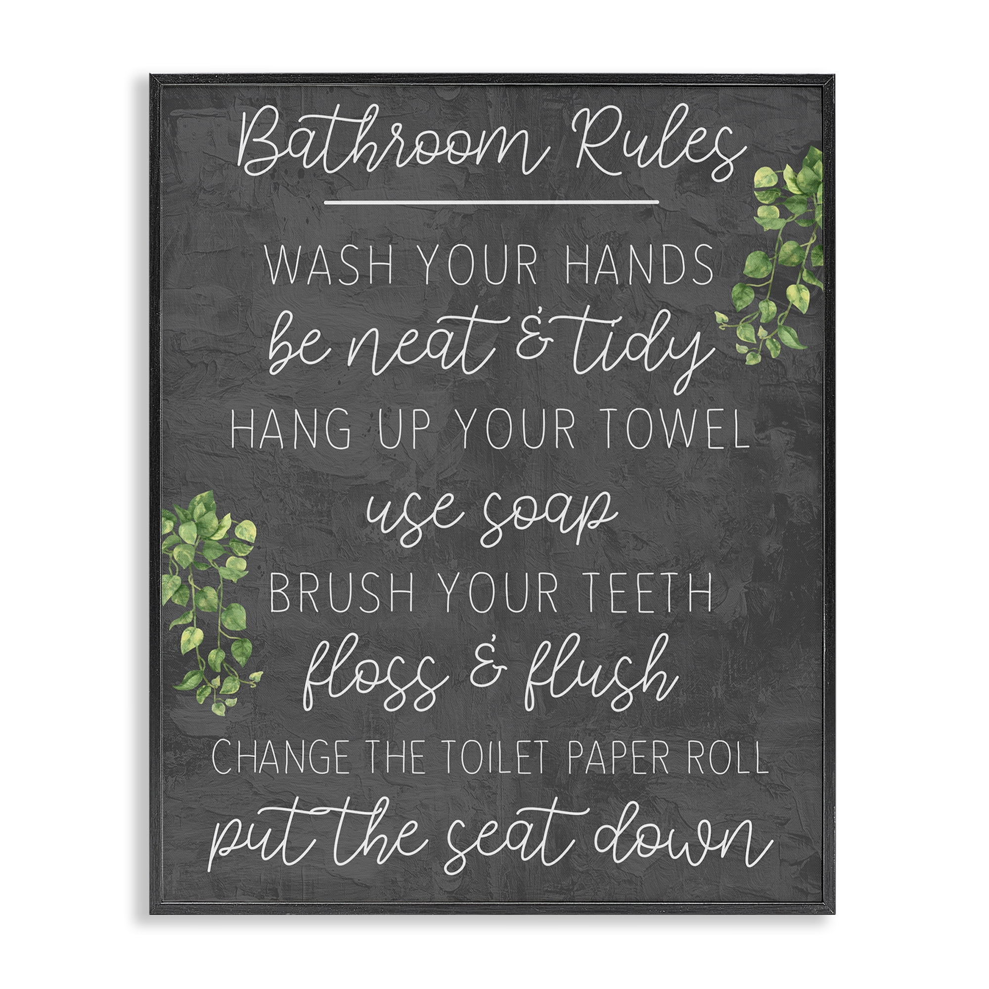 Stupell Industries Bathroom Rules with Greenery Bath & Laundry Painting Black Framed Art Print Wall Art, 24 x 30