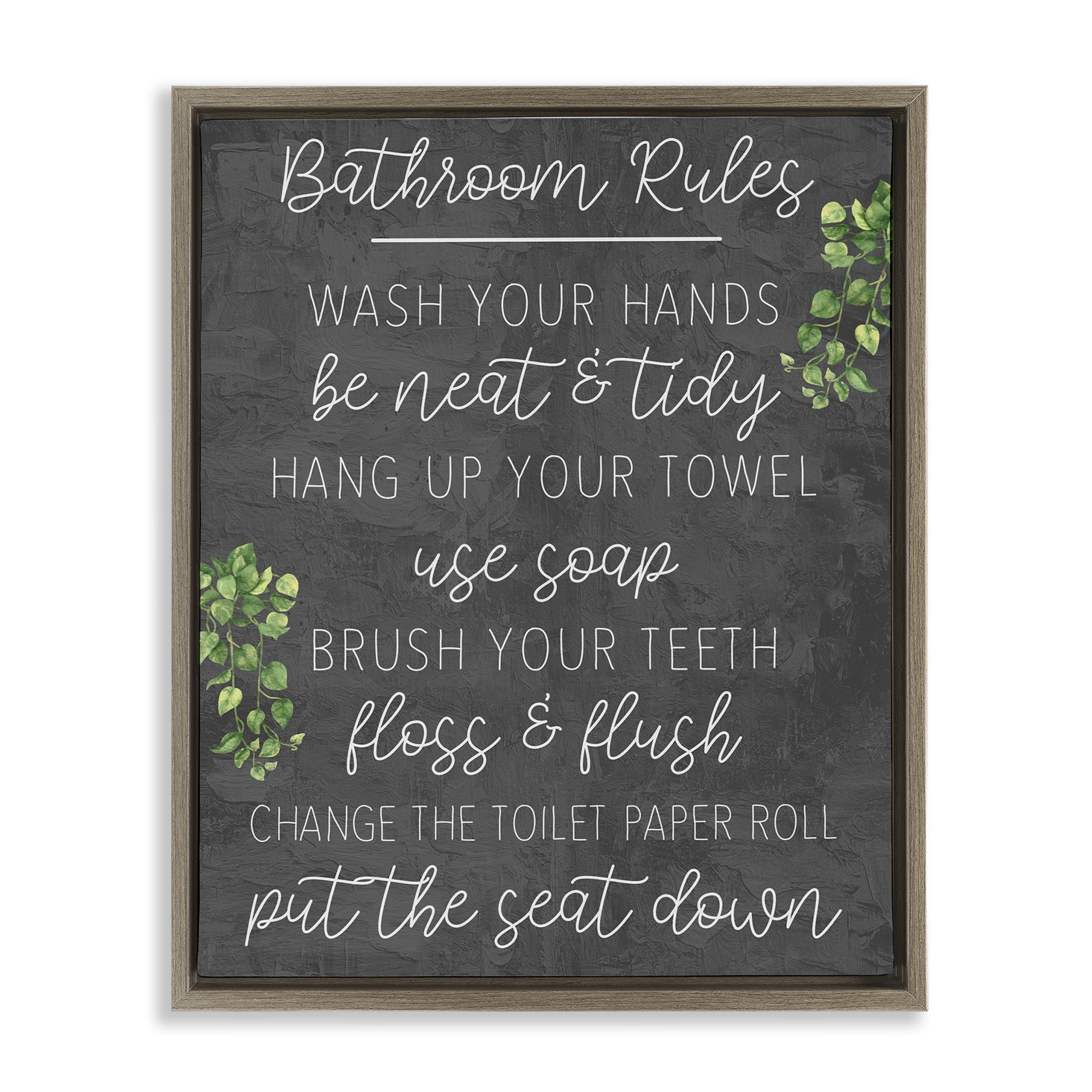 Stupell Industries Bathroom Rules with Greenery Bath & Laundry Painting Brown Floater Framed Canvas Art Print Wall Art, 25 x 31