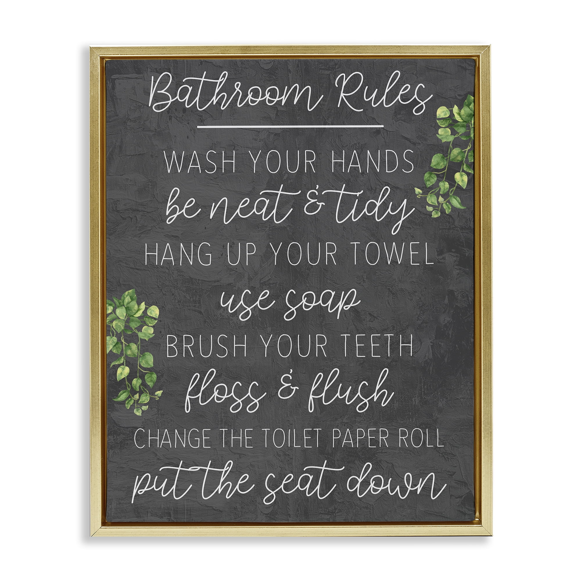 Stupell Industries Bathroom Rules with Greenery Bath & Laundry Painting Gold Floater Framed Canvas Art Print Wall Art, 25 x 31
