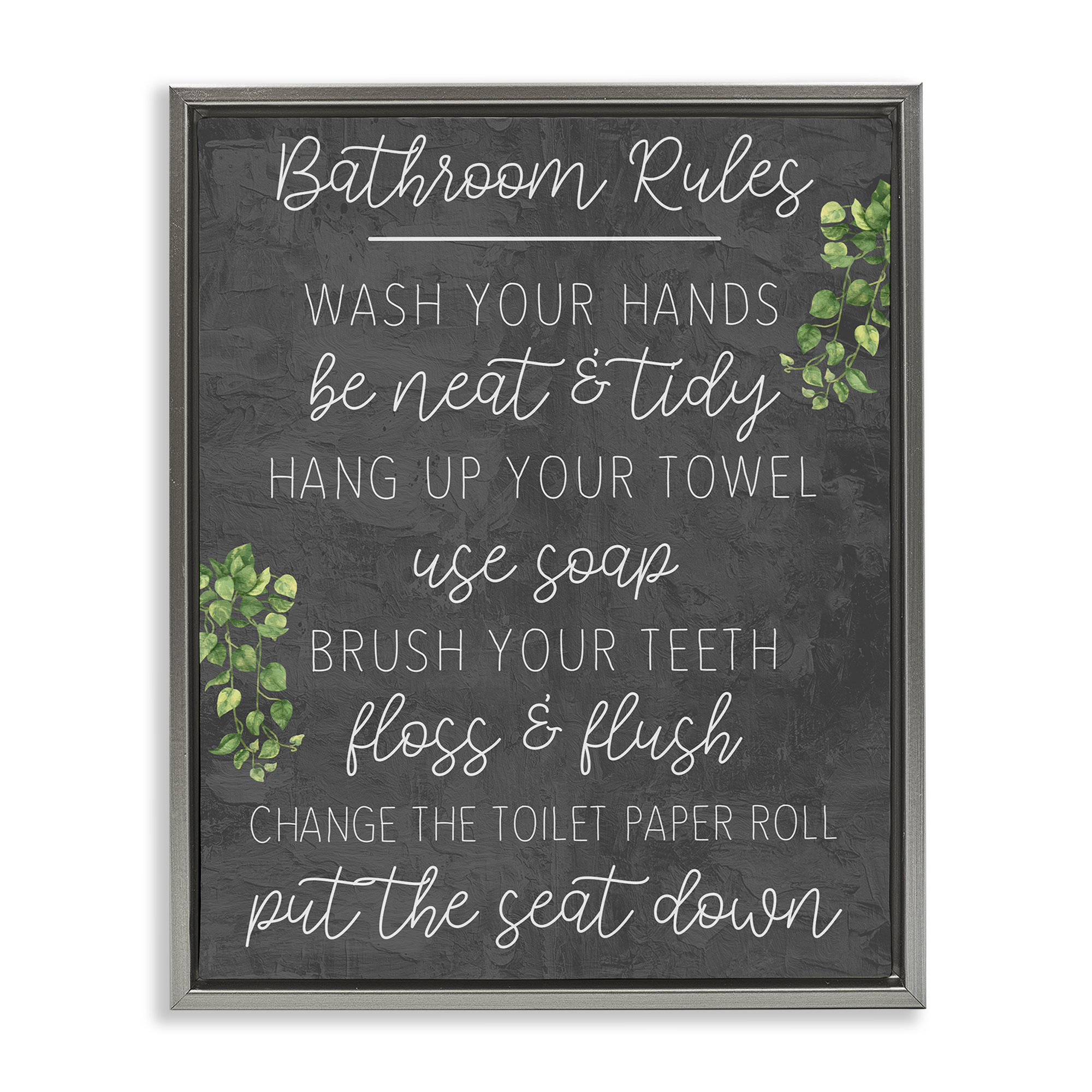 Stupell Industries Bathroom Rules with Greenery Bath & Laundry Painting Gray Floater Framed Canvas Art Print Wall Art, 17 x 21