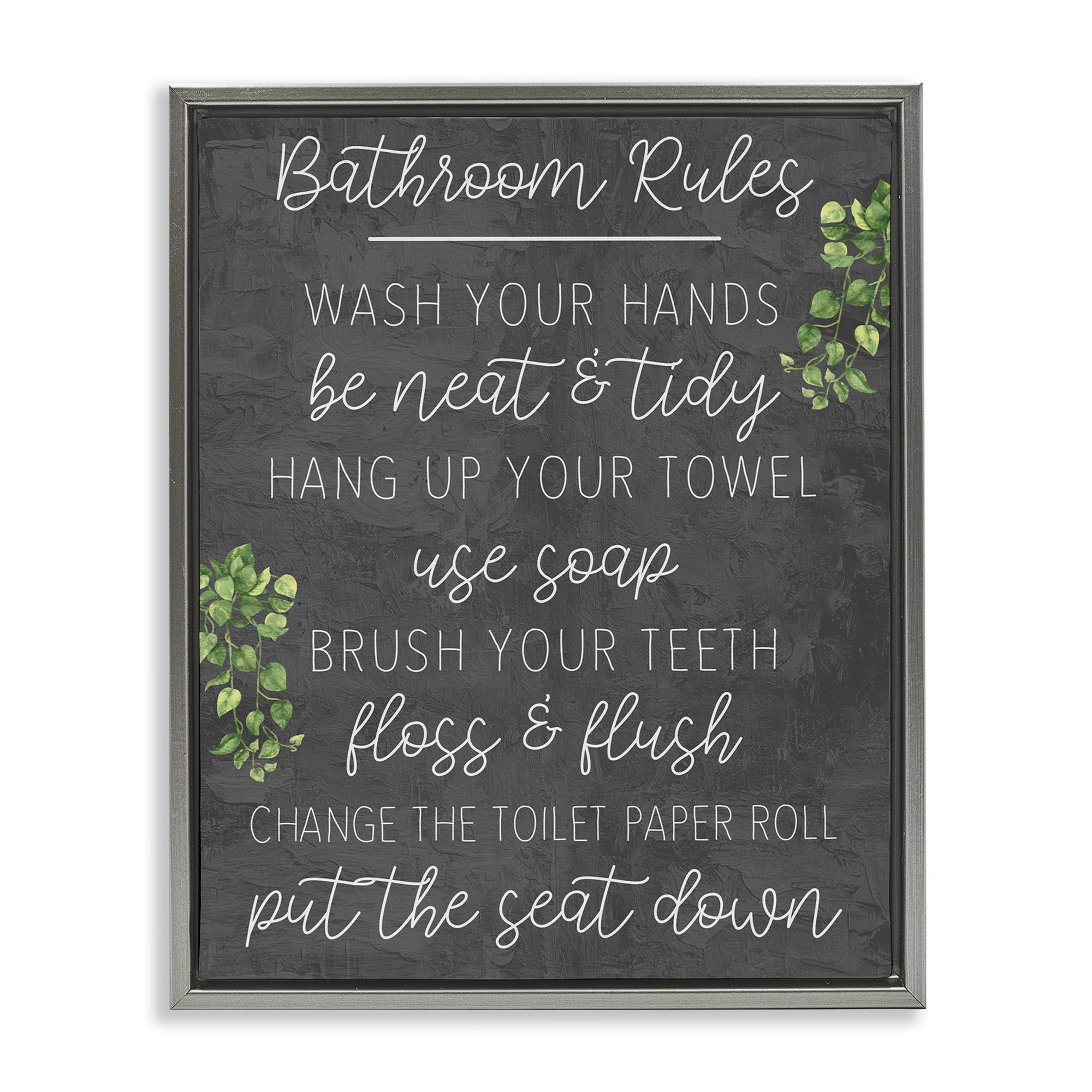 Stupell Industries Bathroom Rules with Greenery Bath & Laundry Painting Gray Floater Framed Canvas Art Print Wall Art, 25 x 31