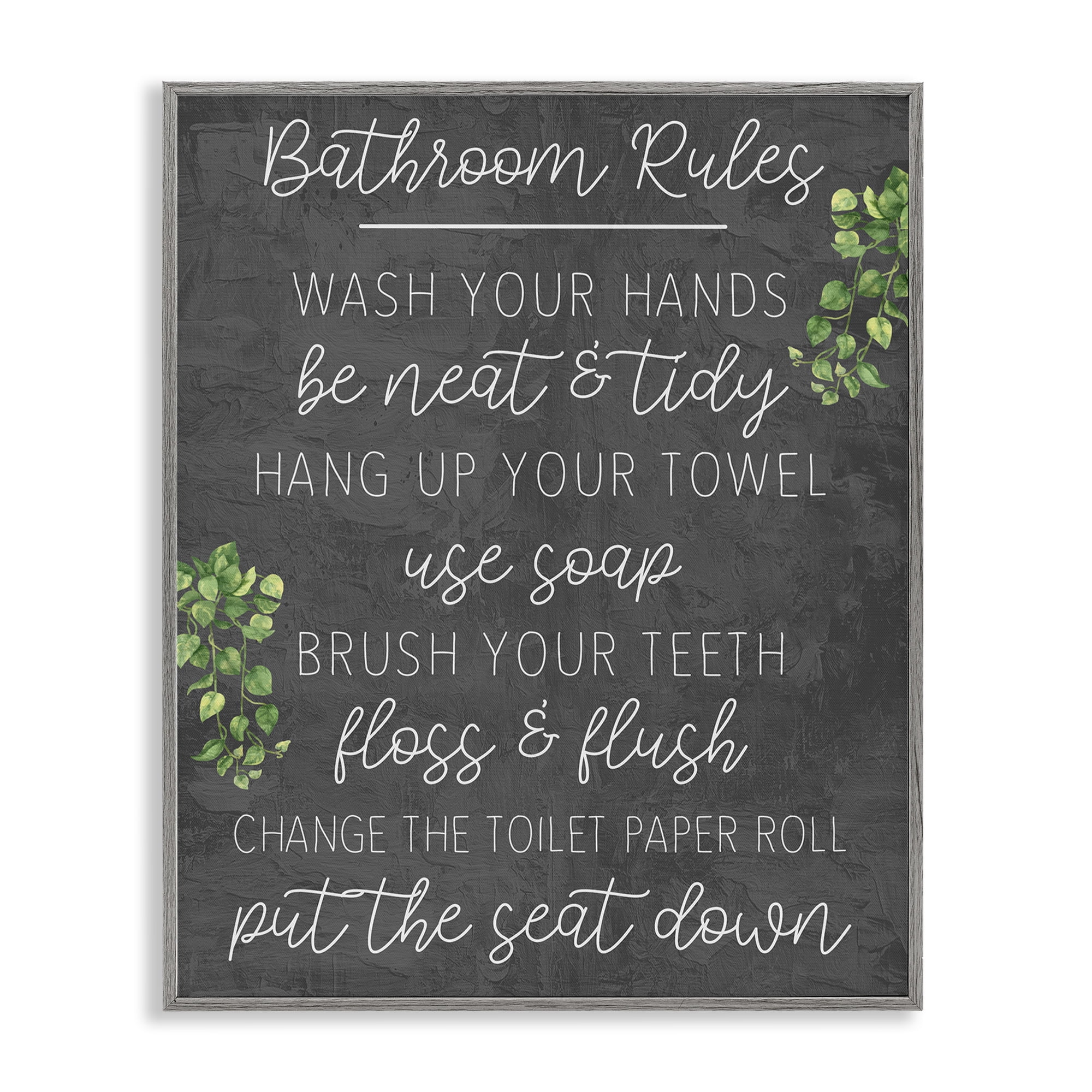 Stupell Industries Bathroom Rules with Greenery Bath & Laundry Painting Gray Framed Art Print Wall Art, 16 x 20