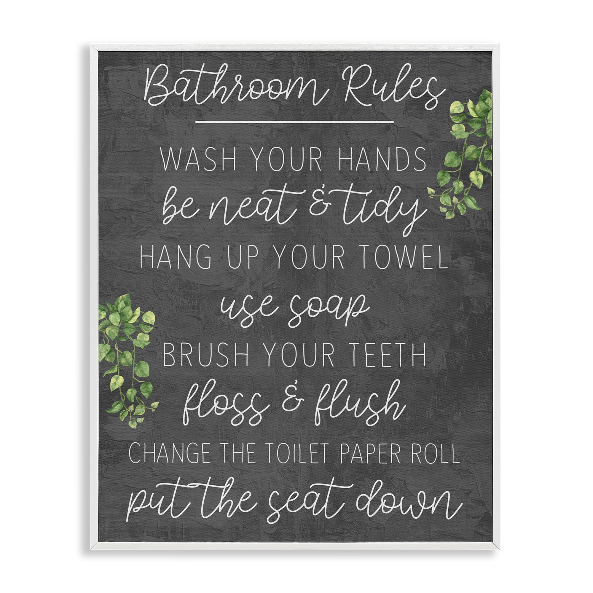 Stupell Industries Bathroom Rules with Greenery Bath & Laundry Painting White Framed Art Print Wall Art, 16 x 20