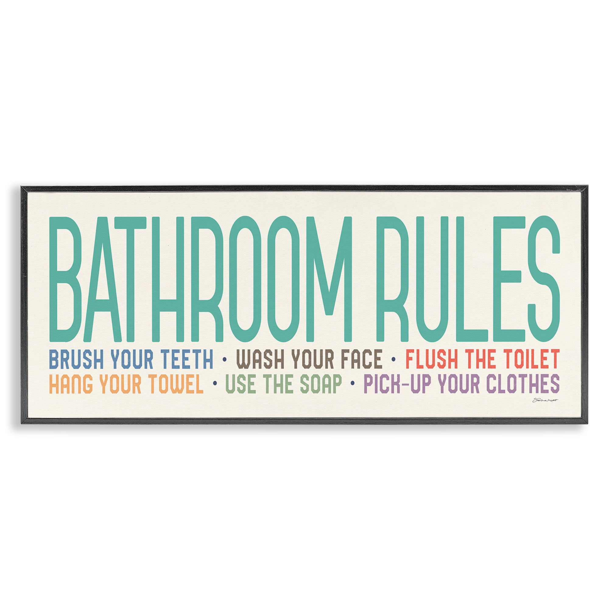 Stupell Industries Bathroom Rules with Teal Text Abstract Painting Black Framed Art Print Wall Art, 30 x 13