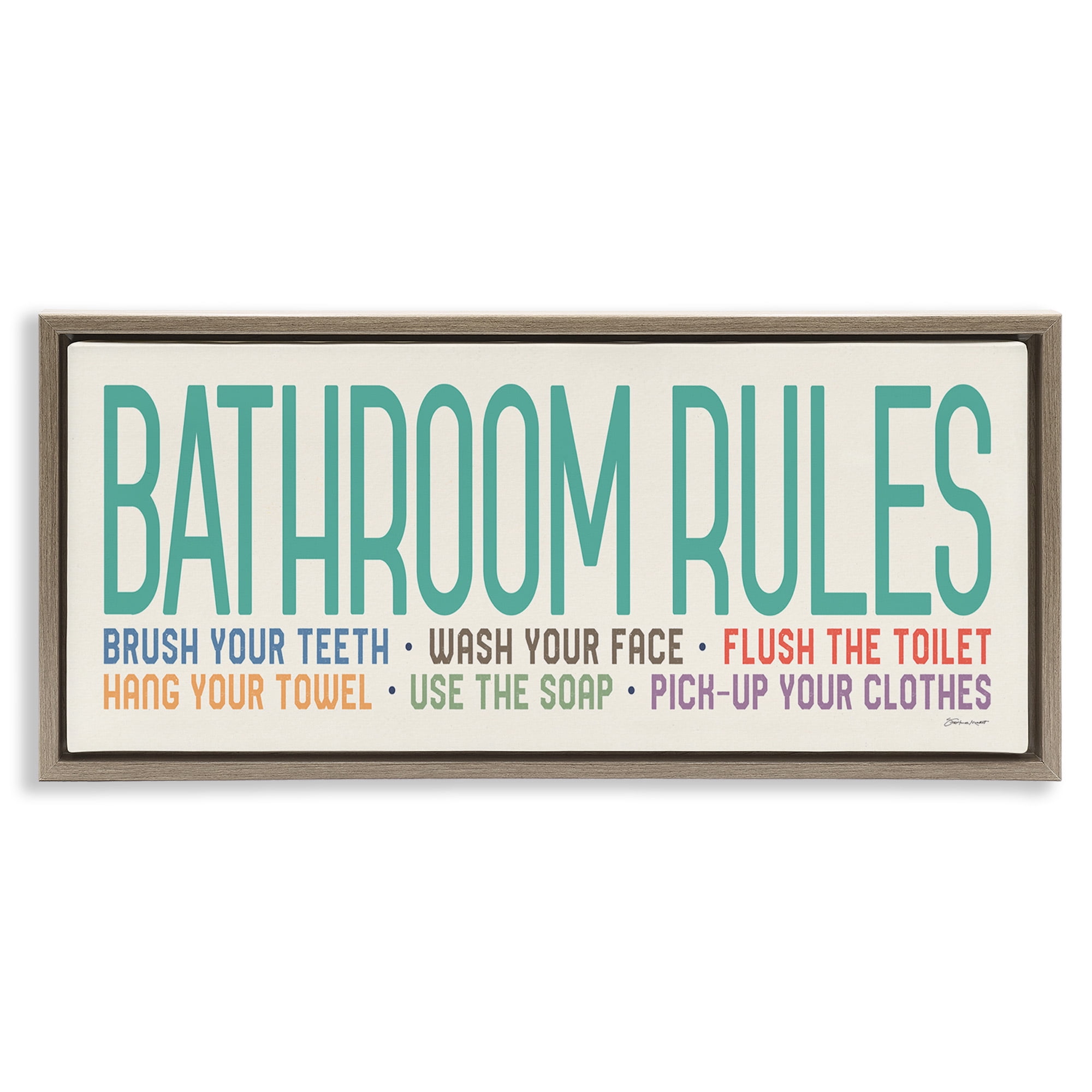 Stupell Industries Bathroom Rules with Teal Text Abstract Painting Brown Floater Framed Canvas Art Print Wall Art, 31 x 14