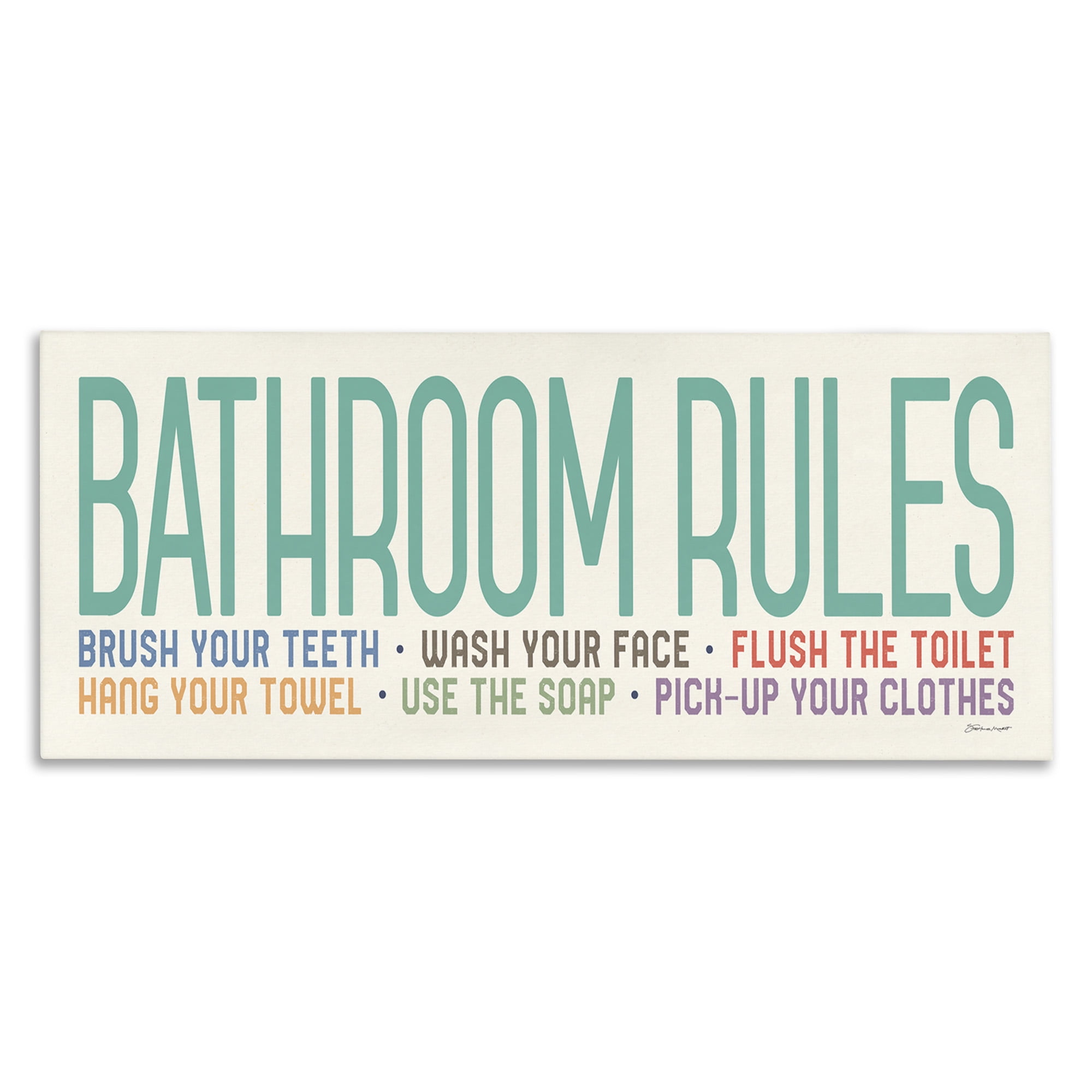 Stupell Industries Bathroom Rules with Teal Text Abstract Painting Gallery Wrapped Canvas Art Print Wall Art, 48 x 20