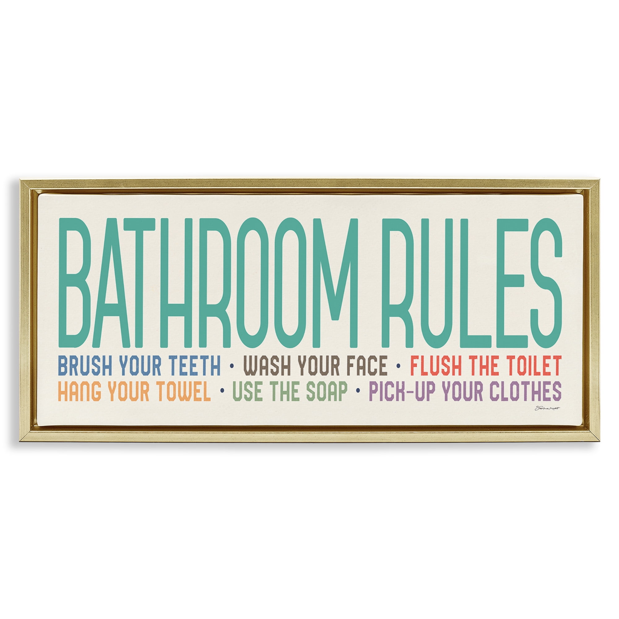 Stupell Industries Bathroom Rules with Teal Text Abstract Painting Gold Floater Framed Canvas Art Print Wall Art, 25 x 11
