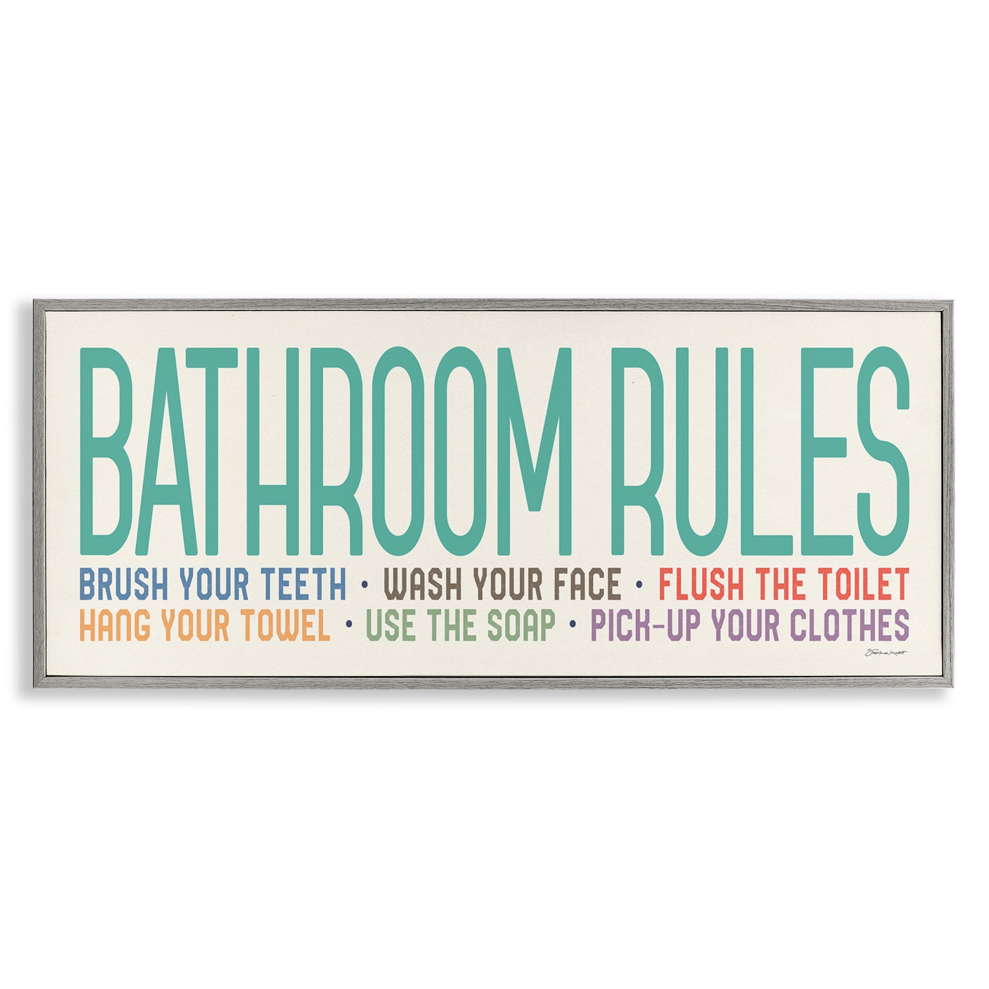 Stupell Industries Bathroom Rules with Teal Text Abstract Painting Gray Framed Art Print Wall Art, 30 x 13