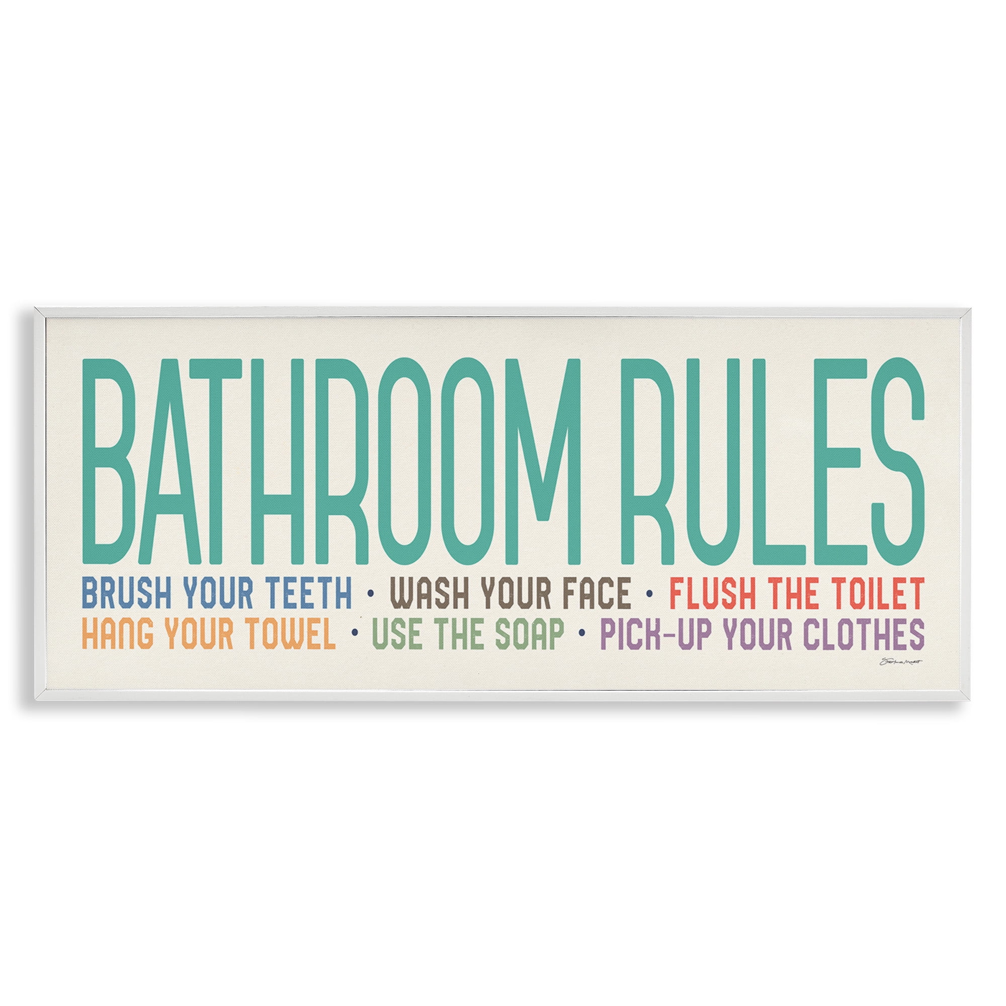 Stupell Industries Bathroom Rules with Teal Text Abstract Painting White Framed Art Print Wall Art, 30 x 13