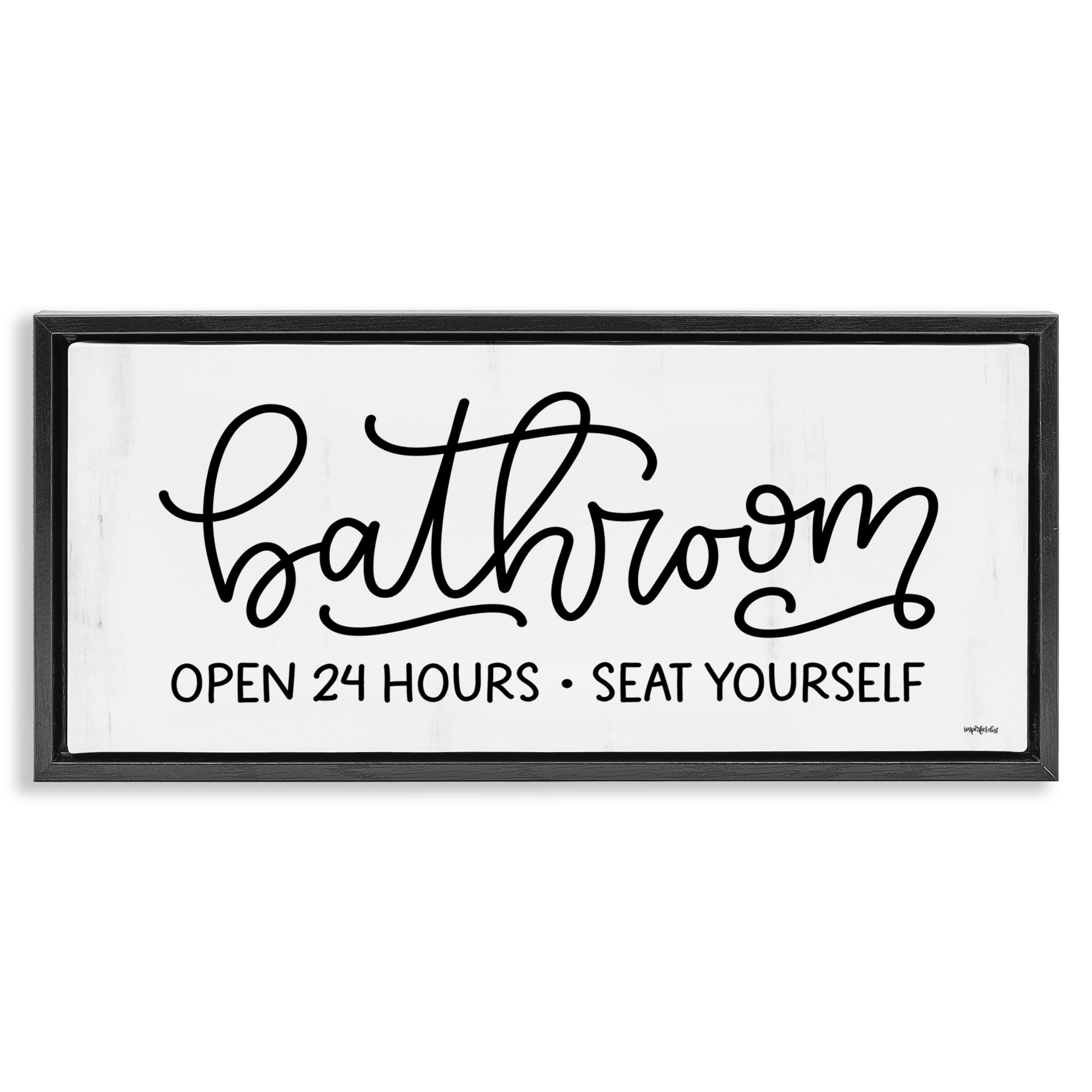 Stupell Industries Bathroom Seat Yourself Bath & Laundry Painting Black Floater Framed Canvas Art Print Wall Art, 25 x 11