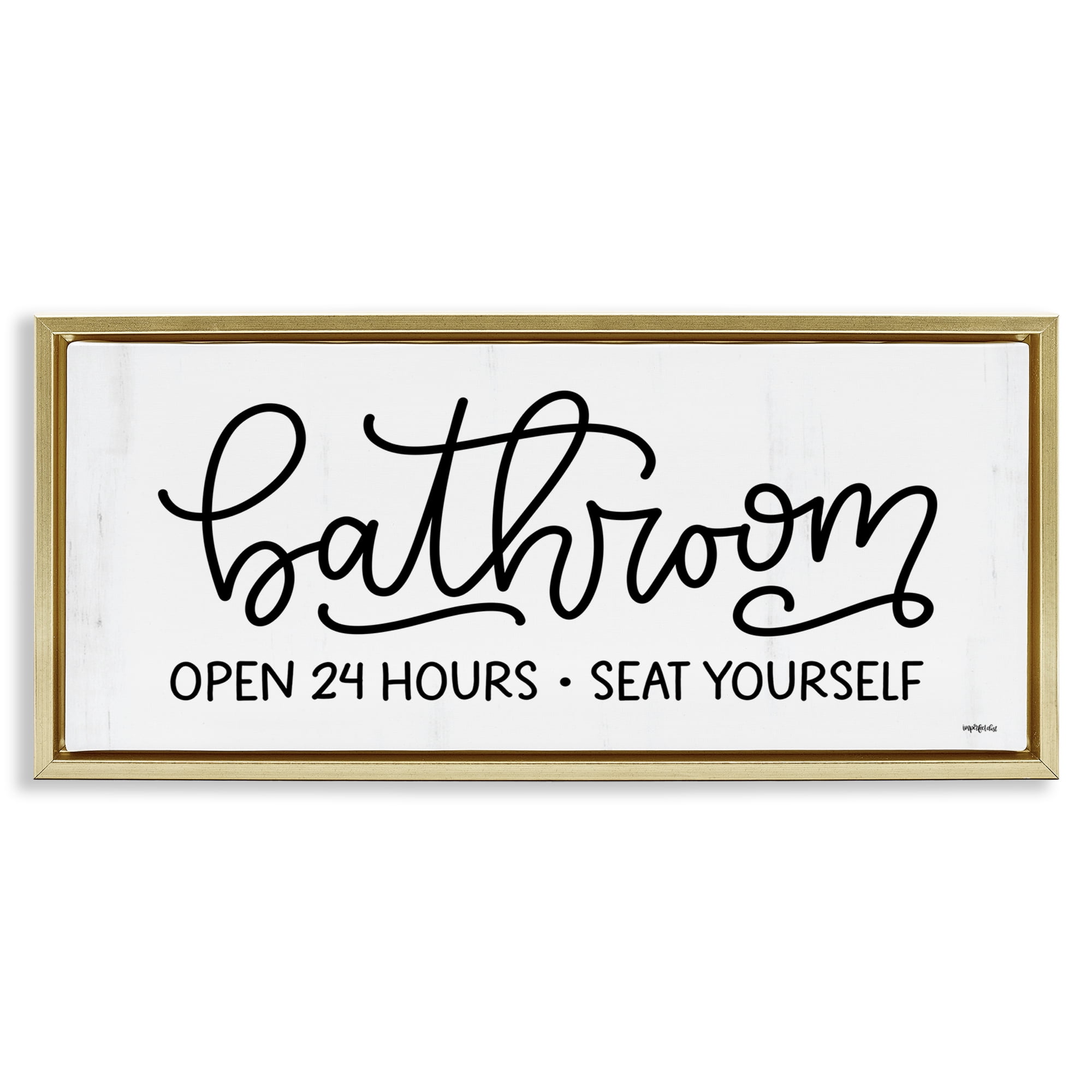 Stupell Industries Bathroom Seat Yourself Bath & Laundry Painting Gold Floater Framed Canvas Art Print Wall Art, 25 x 11