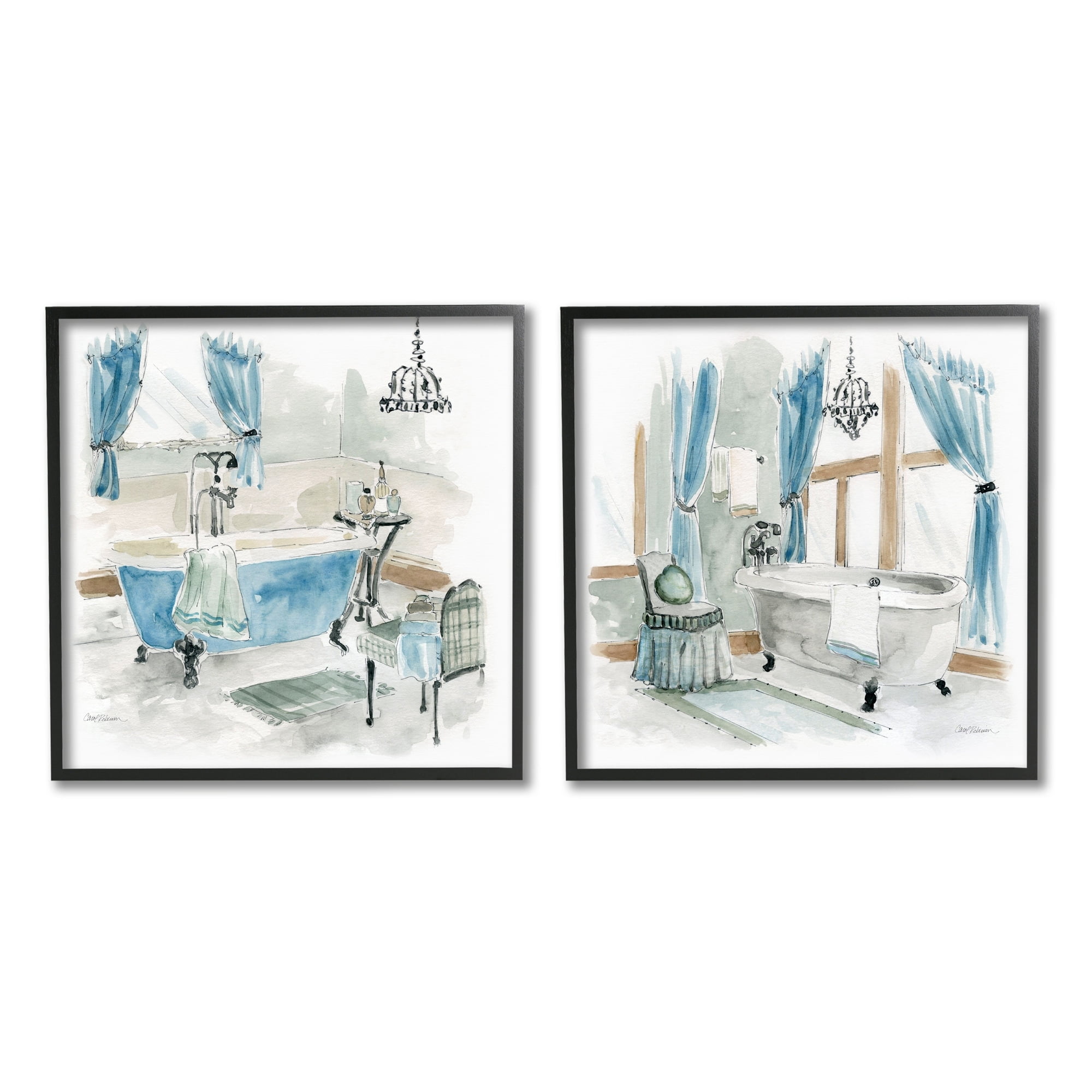 Stupell Industries Bathroom Tub Painting Blue & Beige Typography Painting Black Framed Art Print Wall Art, Set of 2