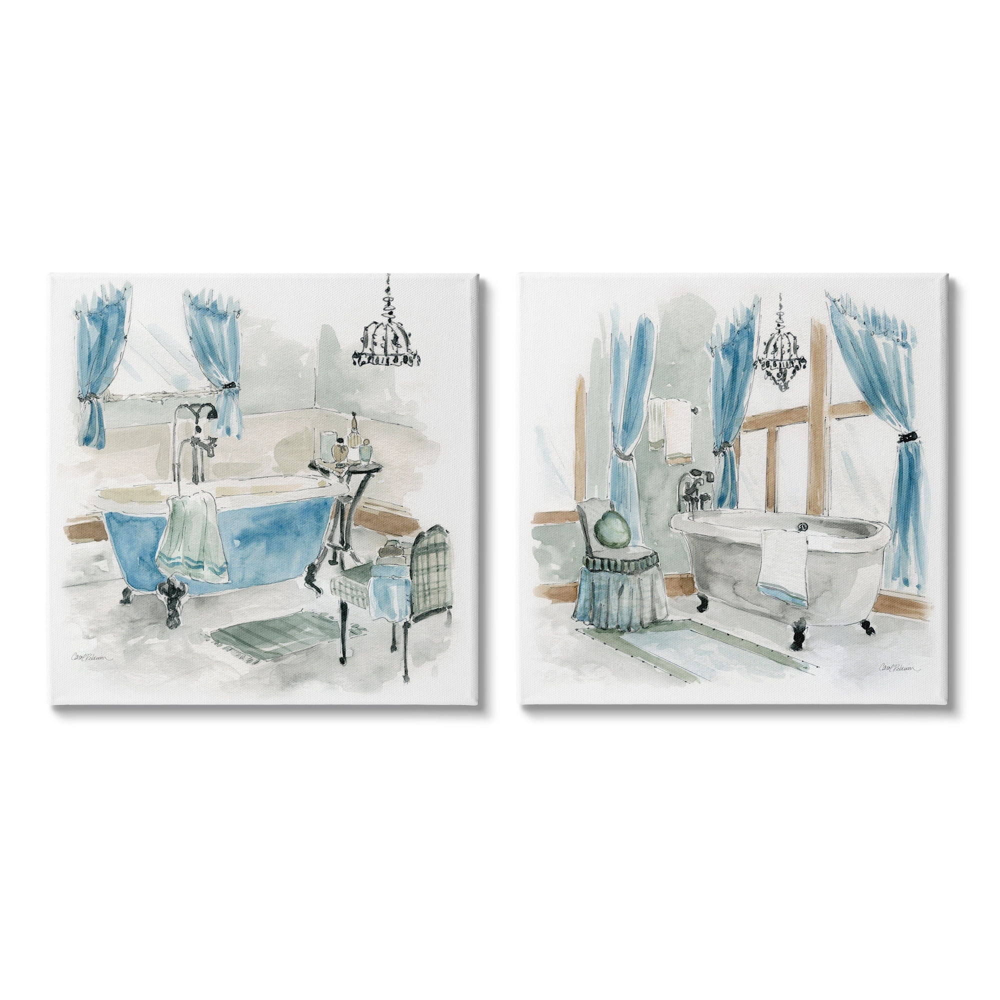 Stupell Industries Bathroom Tub Painting Blue & Beige Typography Painting Gallery Wrapped Canvas Print Wall Art, Set of 2