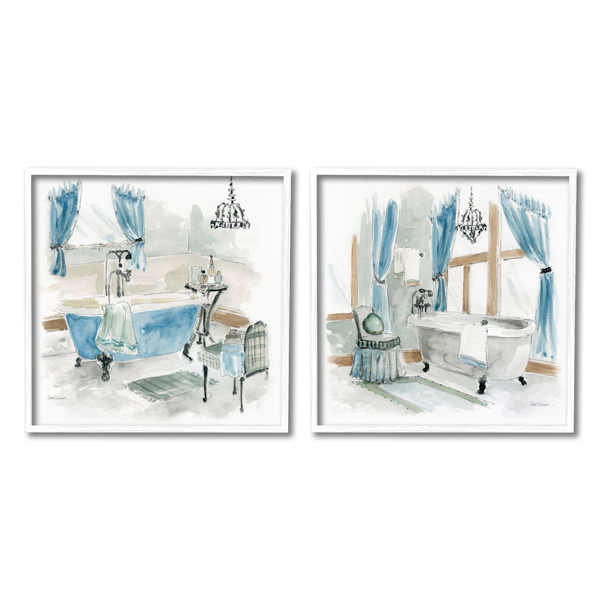 Blue and Beige Bathroom Tub Canvas Print Set with White Frame