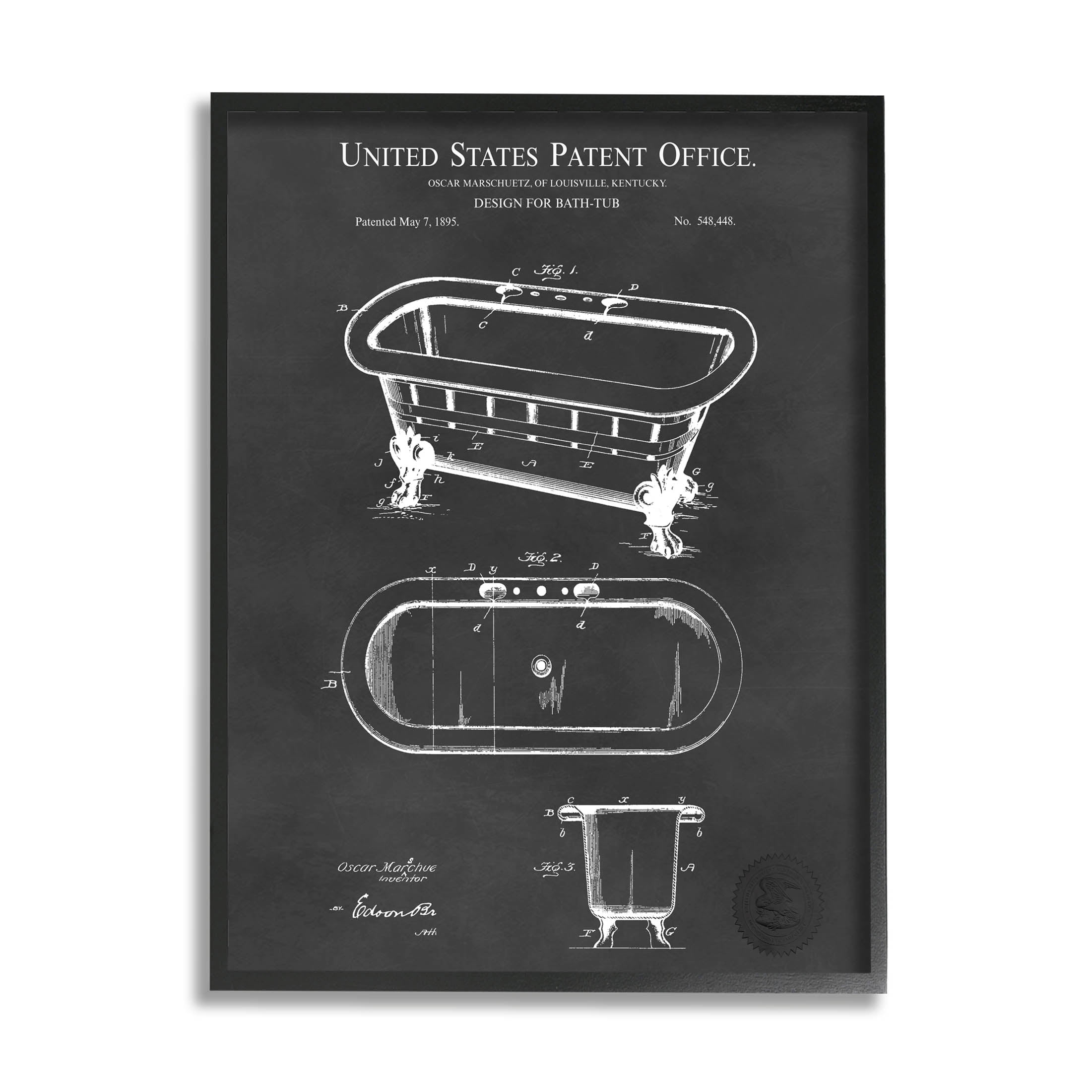 Stupell Industries Bathroom Tub Patent Diagram Graphic Art Black Framed Art Print Wall Art, Design by Karl Hronek