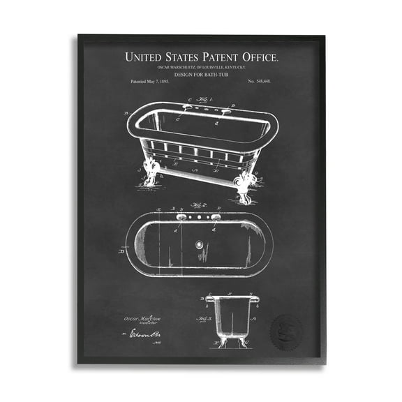 Stupell Industries Bathroom Tub Patent Diagram Graphic Art Black Framed Art Print Wall Art, Design by Karl Hronek