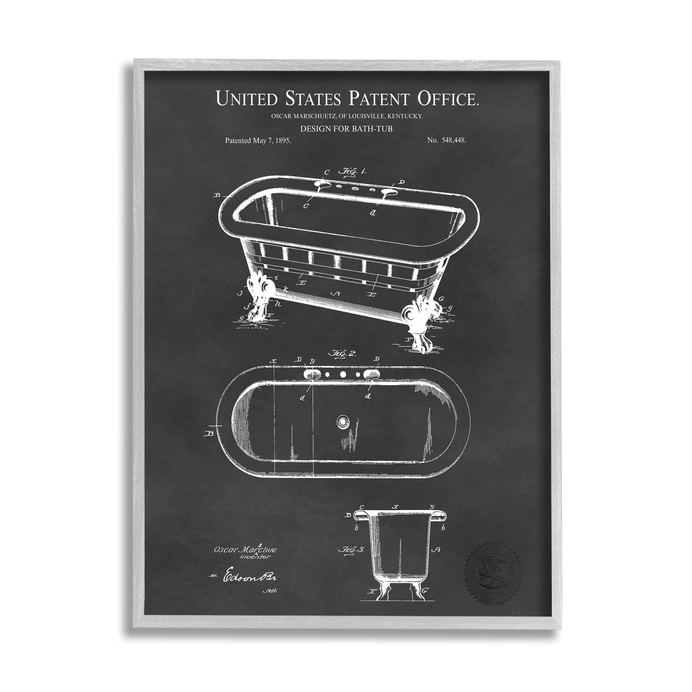 Stupell Industries Bathroom Tub Patent Diagram Graphic Art Gray Framed Art Print Wall Art, Design by Karl Hronek