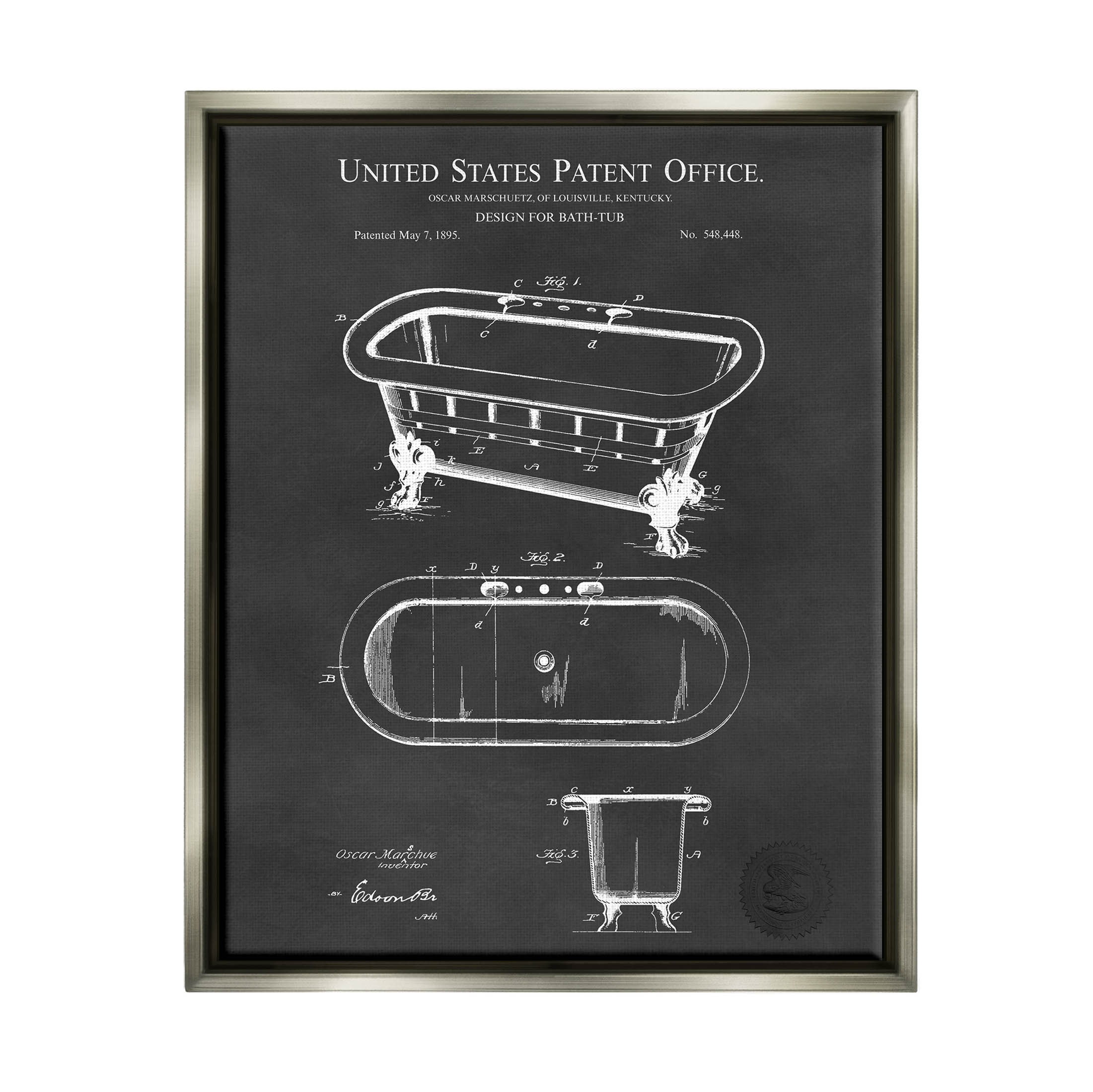 Stupell Industries Bathroom Tub Patent Diagram Graphic Art Luster Gray Floating Framed Canvas Print Wall Art, Design by Karl Hronek
