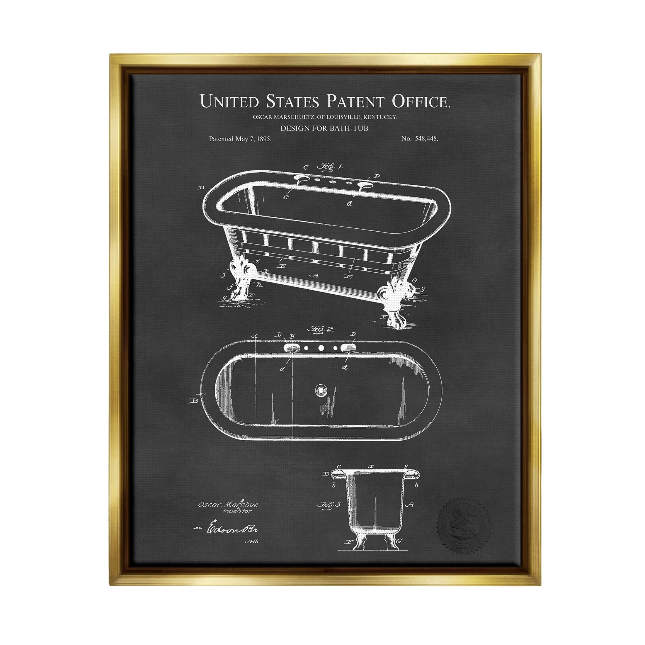 Stupell Industries Bathroom Tub Patent Diagram Graphic Art Metallic Gold Floating Framed Canvas Print Wall Art, Design by Karl Hronek