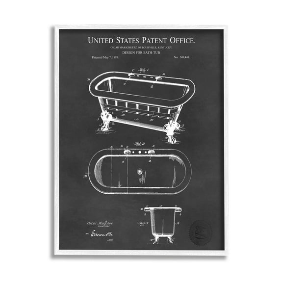 Stupell Industries Bathroom Tub Patent Diagram Graphic Art White Framed Art Print Wall Art, Design by Karl Hronek